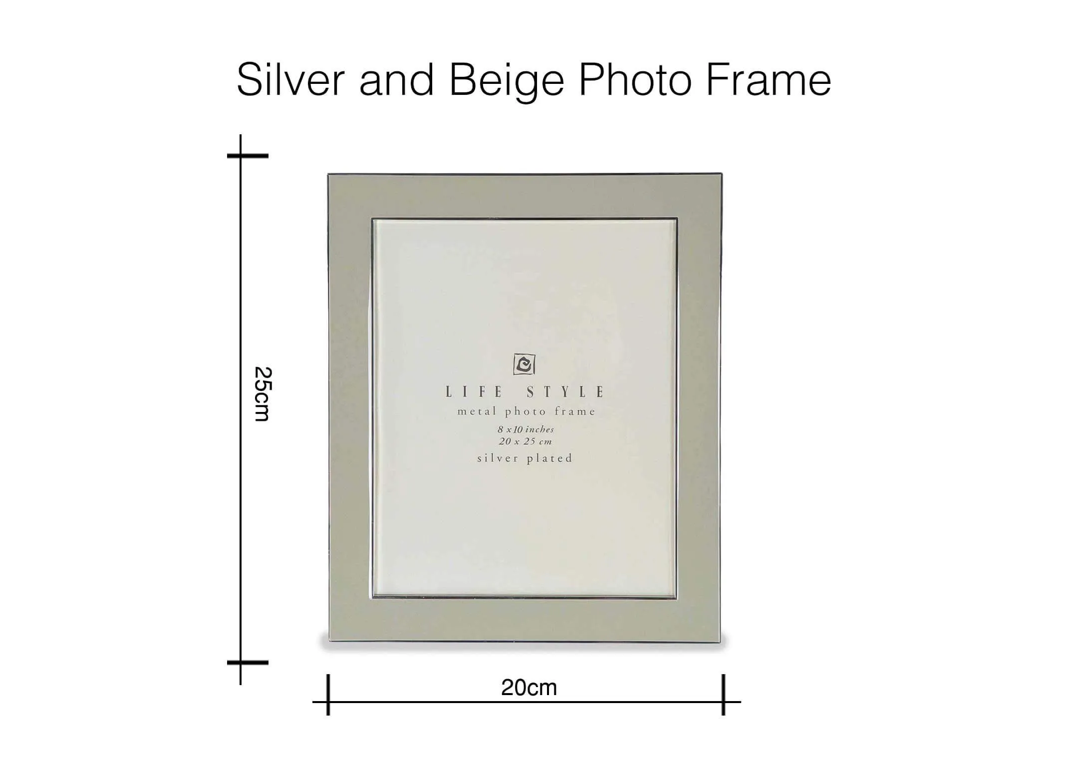 Dimensional view of 8x10 inch silver and beige photo frame with 25 cm (height) x 20 cm (width).