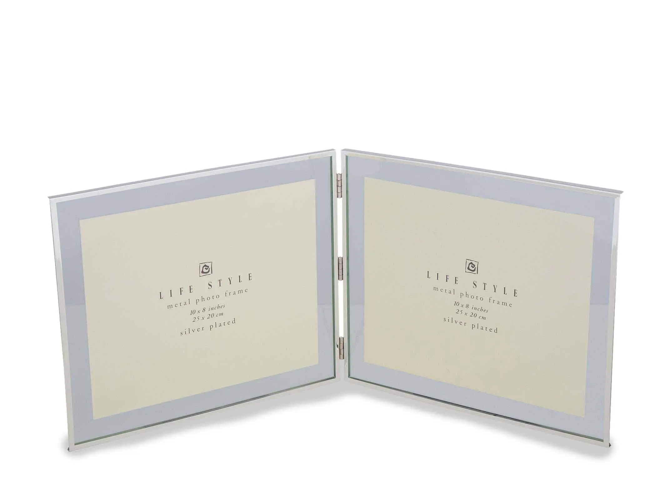 Angled shot of the Karis 8x10 silver plated double photo frame capable of holding 2 photos with a metallic blue mount