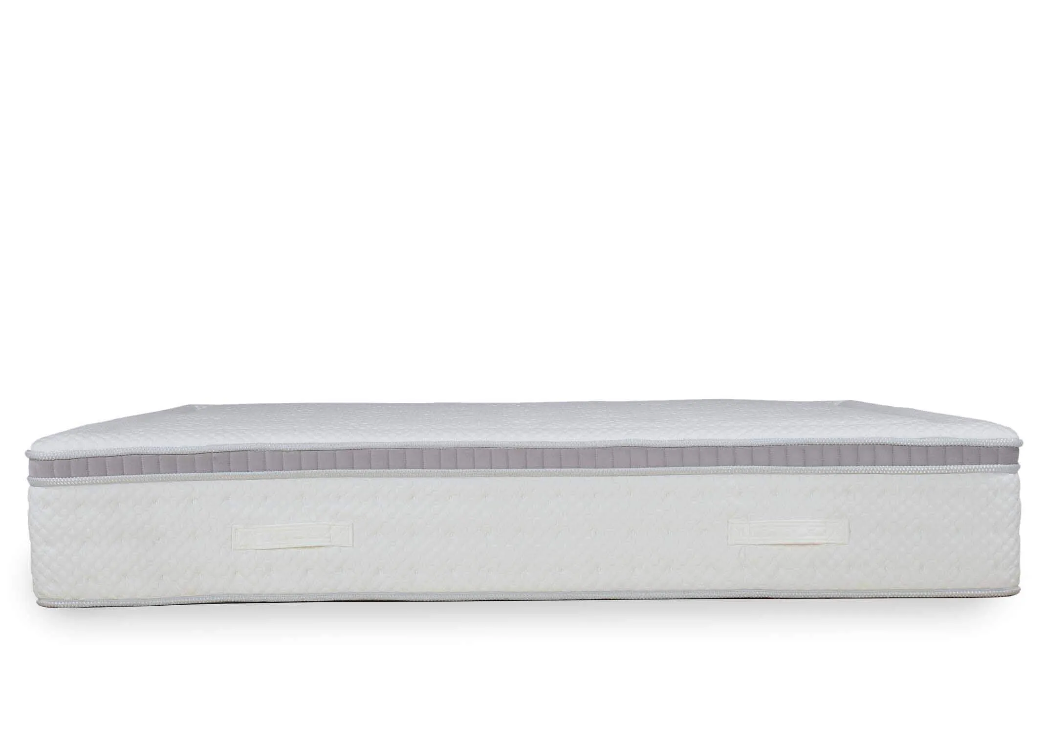 Long side view of the Rian 6 ft white super king mattress with a reinforced edge-to-edge-detailing for support