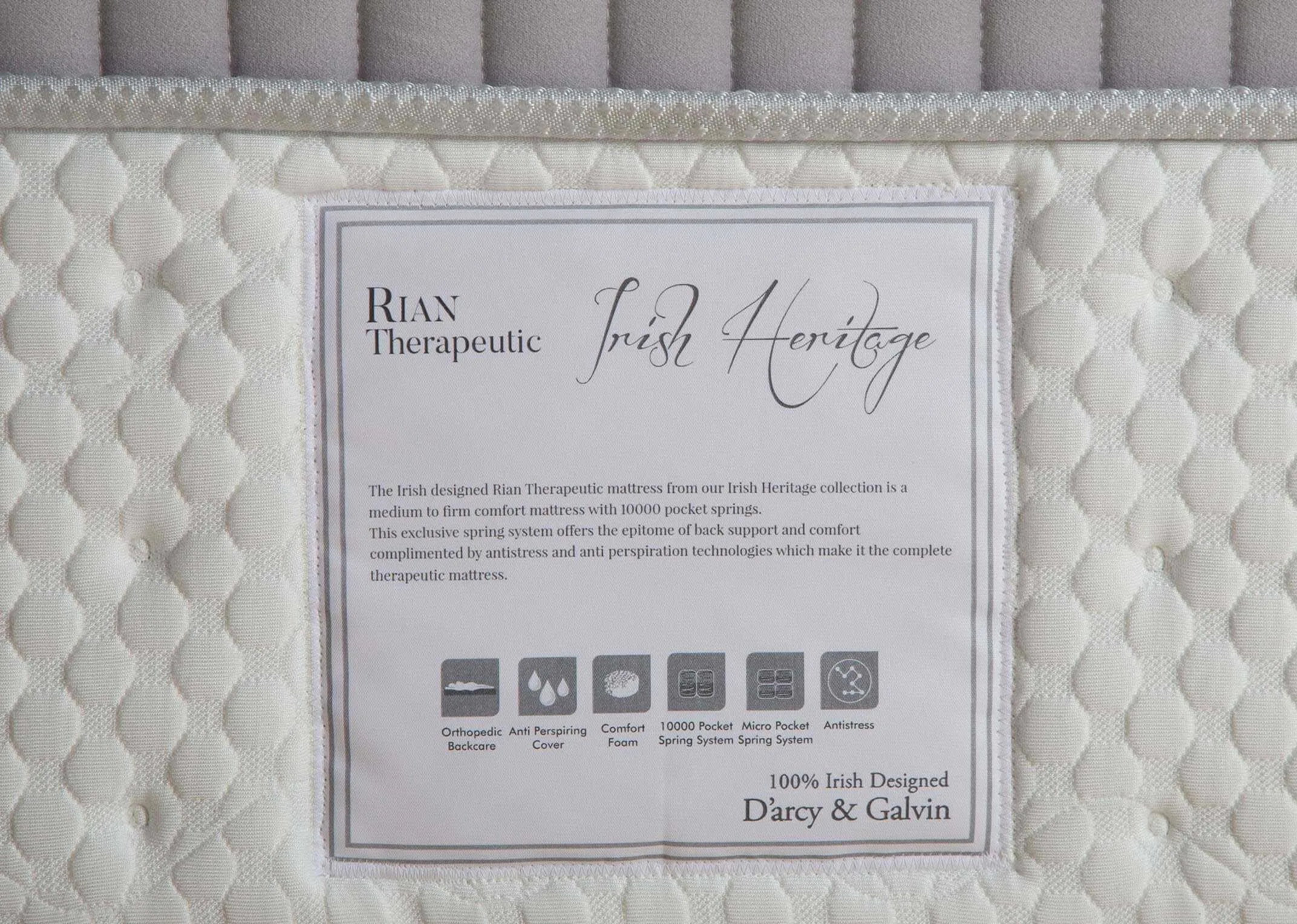 Detailed close-up showng the label of the Rian therapeutic super king mattress