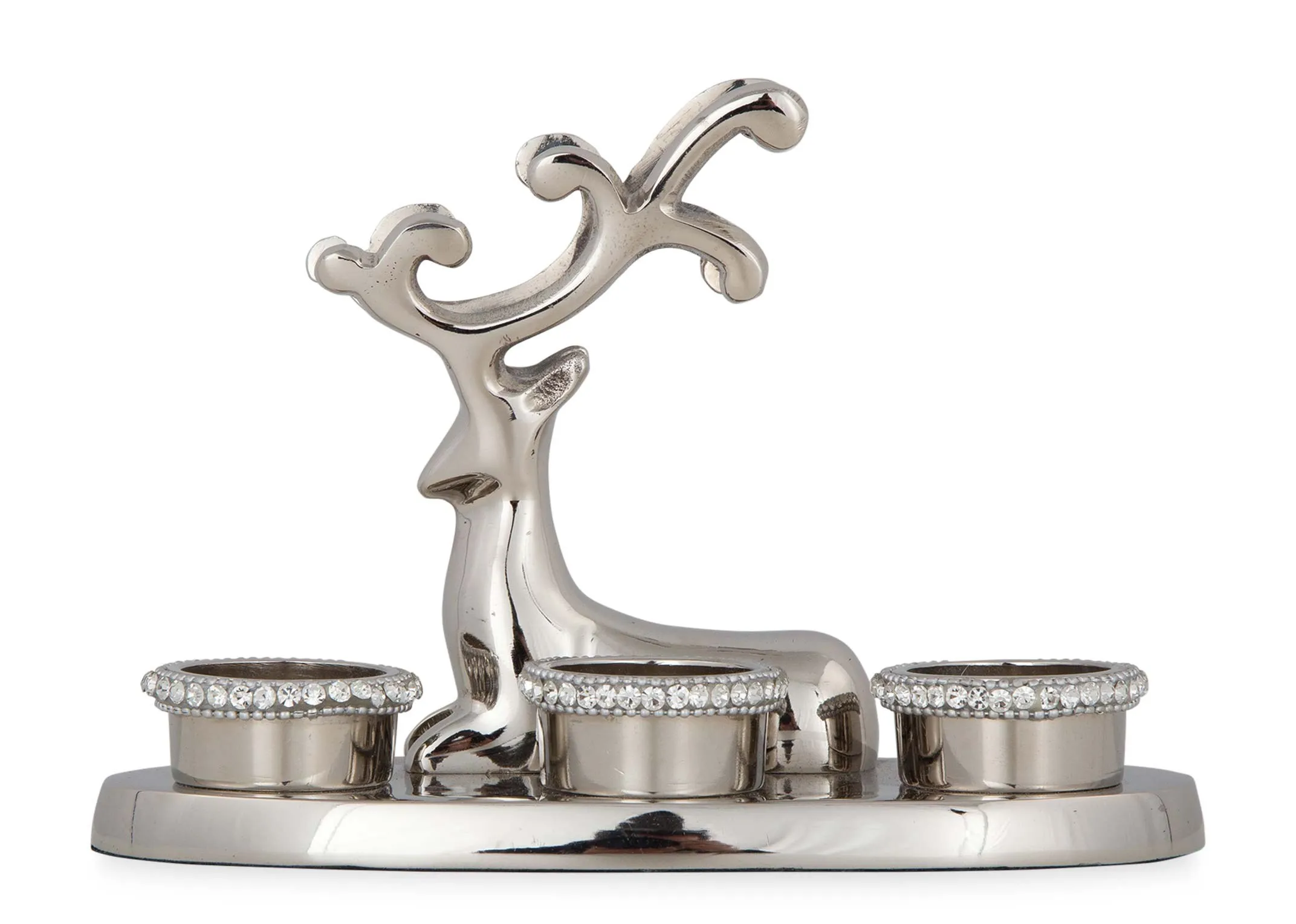 A full view of the sitting reindeer rhinestone 3 t-light candle holder.