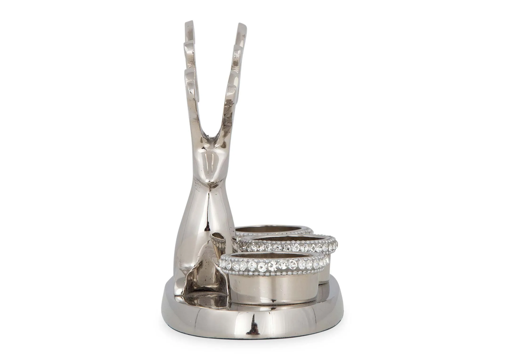 A side view of the  sitting reindeer rhinestone 3 t-light candle holder.