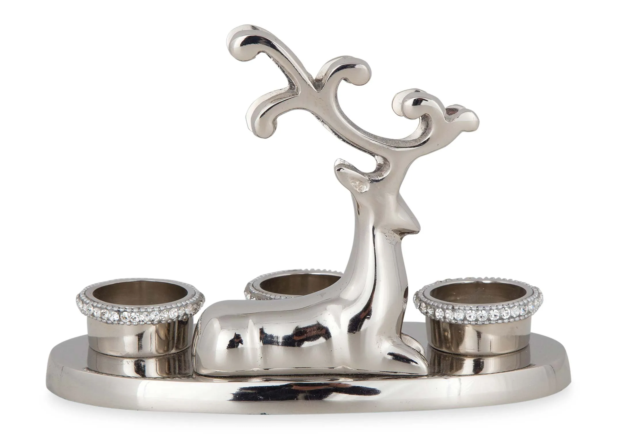 An image looking at the back of the sitting reindeer rhinestone 3 t-light candle holder.