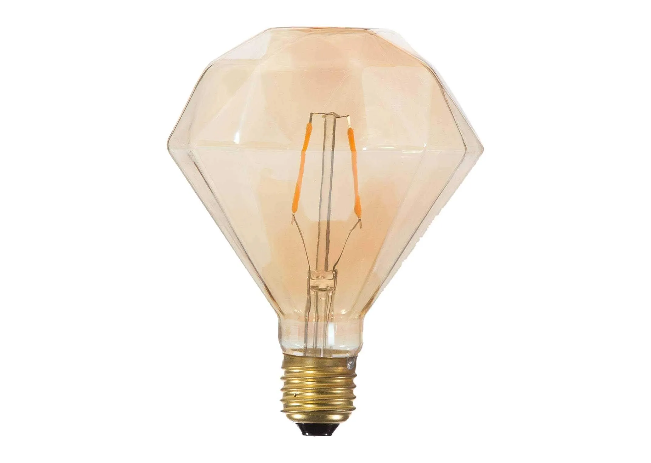Full front view of the Vintage Diamond 2 watt LED light bulb featuring an E27 screw base and a life-span of 25