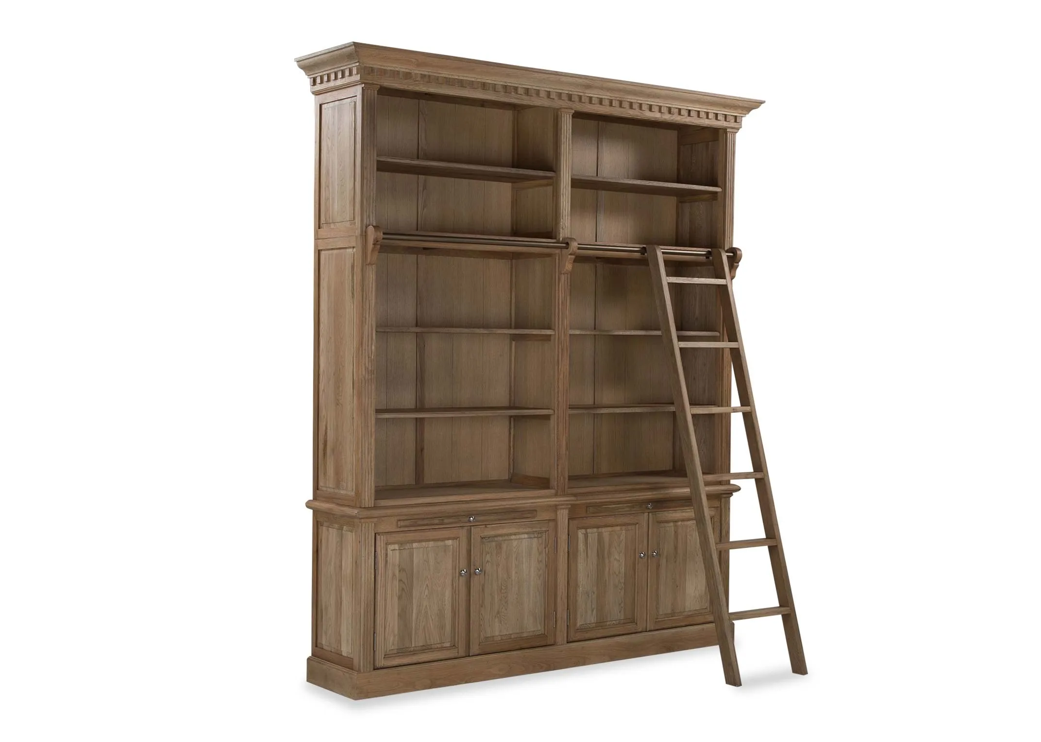 An angled view from left to right looking at the Iona bookcase with ladder.