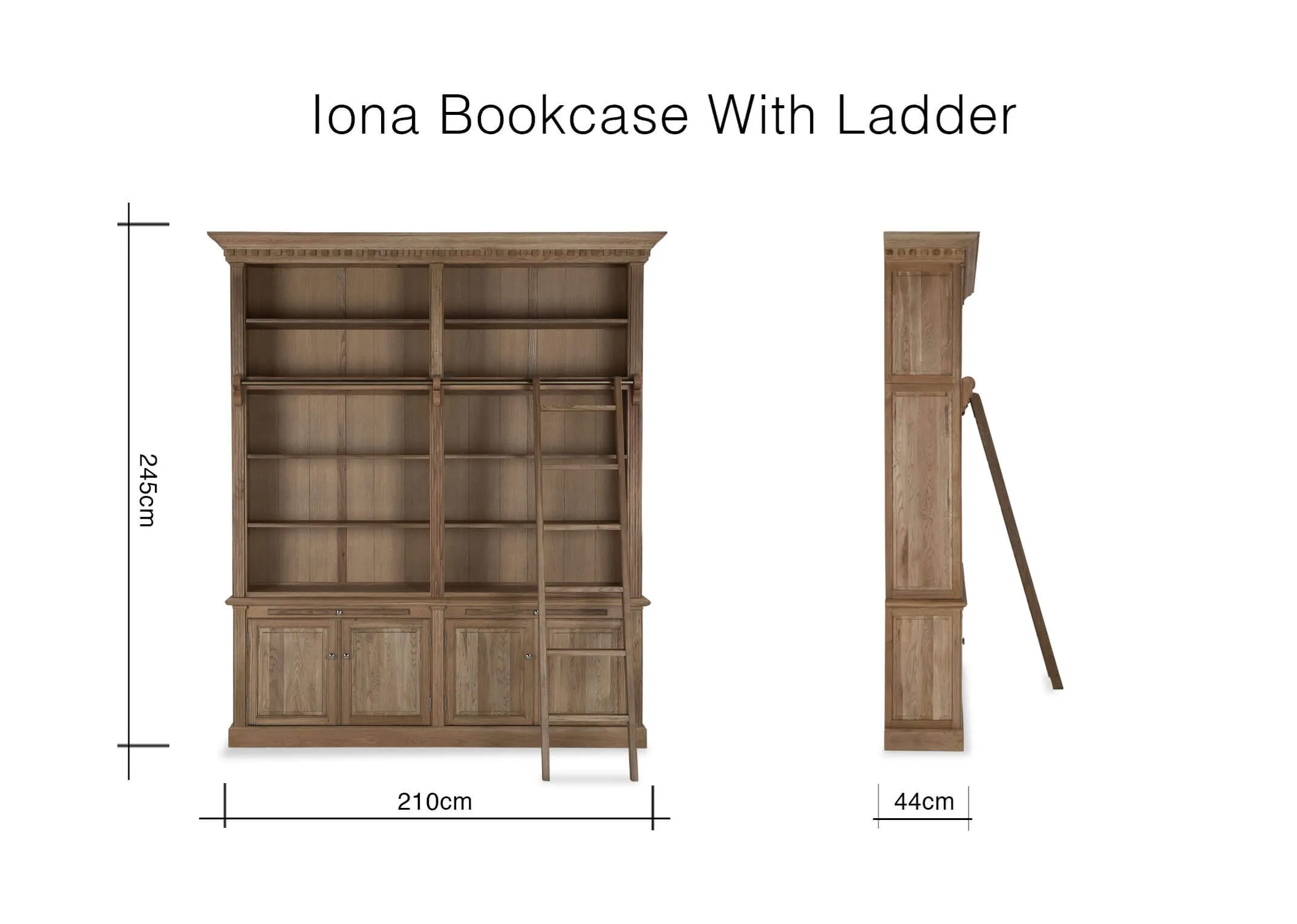 A dimension image for the Iona bookcase with ladder 245cm (Height) x 210cm (Width) x 44cm (Depth).