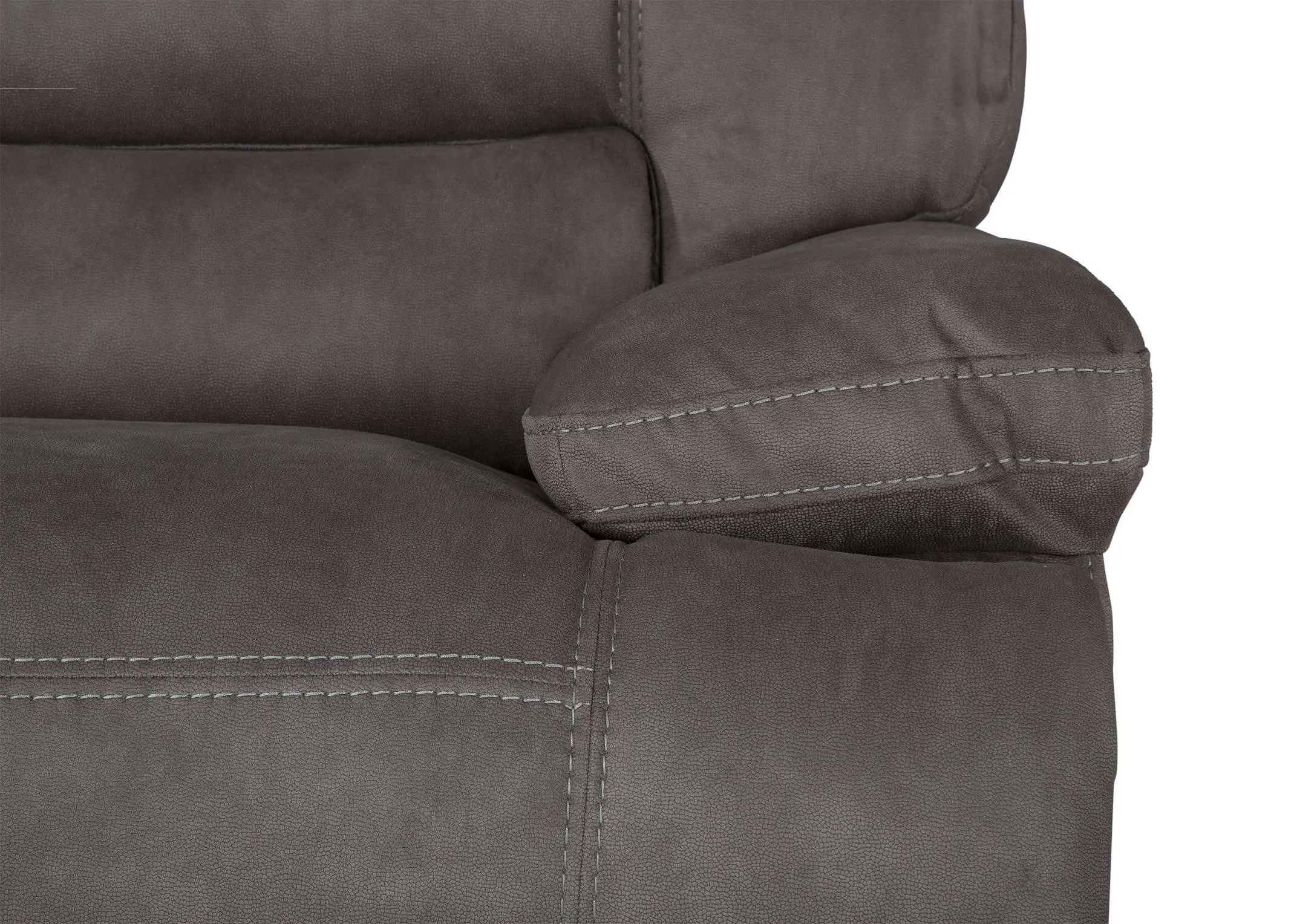 Detailed close-up view of the Baxter medium reclining corner sofa showing the armrest upholstered with grey fabric