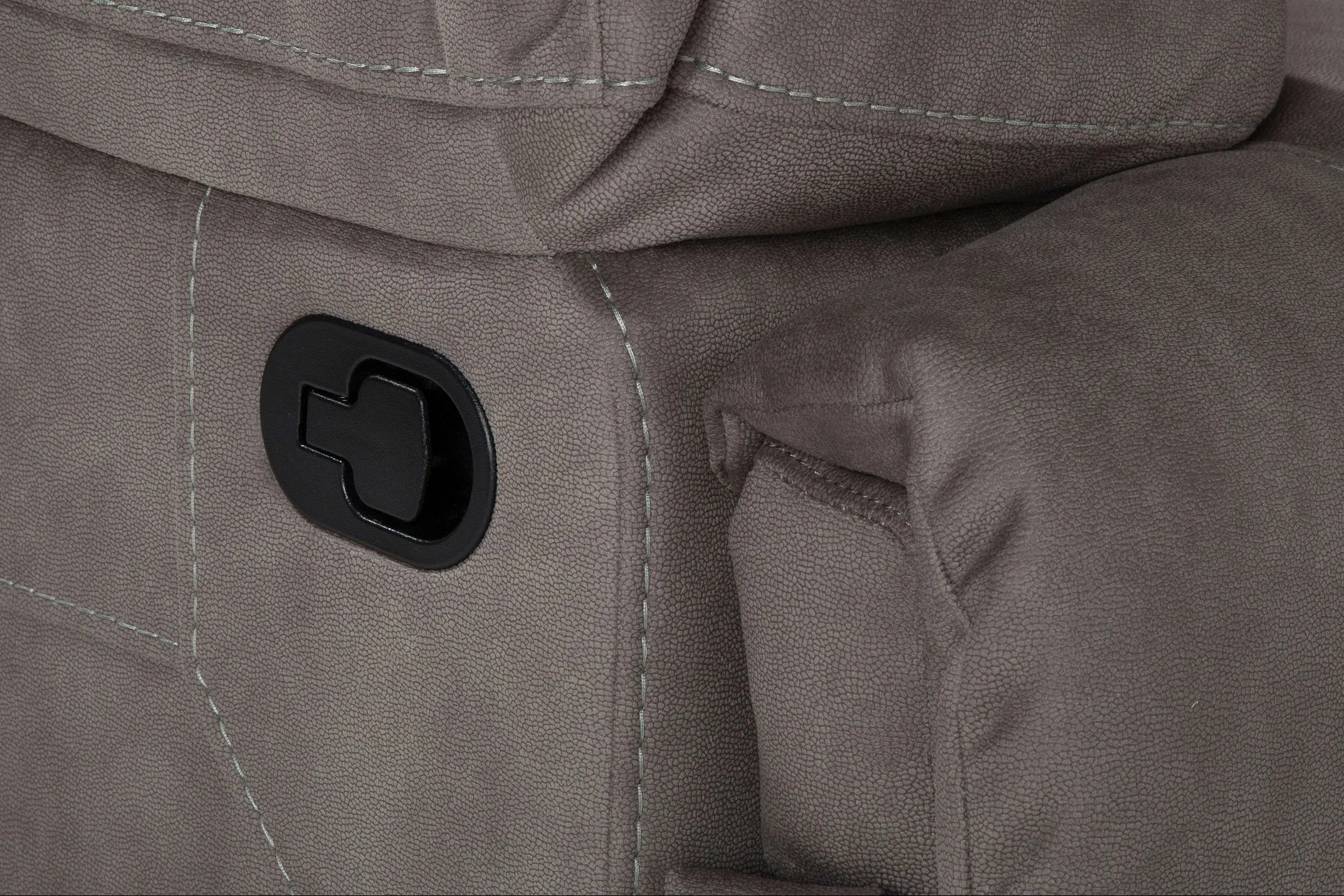 Detailed close-up view of the Baxter medium reclining corner sofa showing the black reclining handle