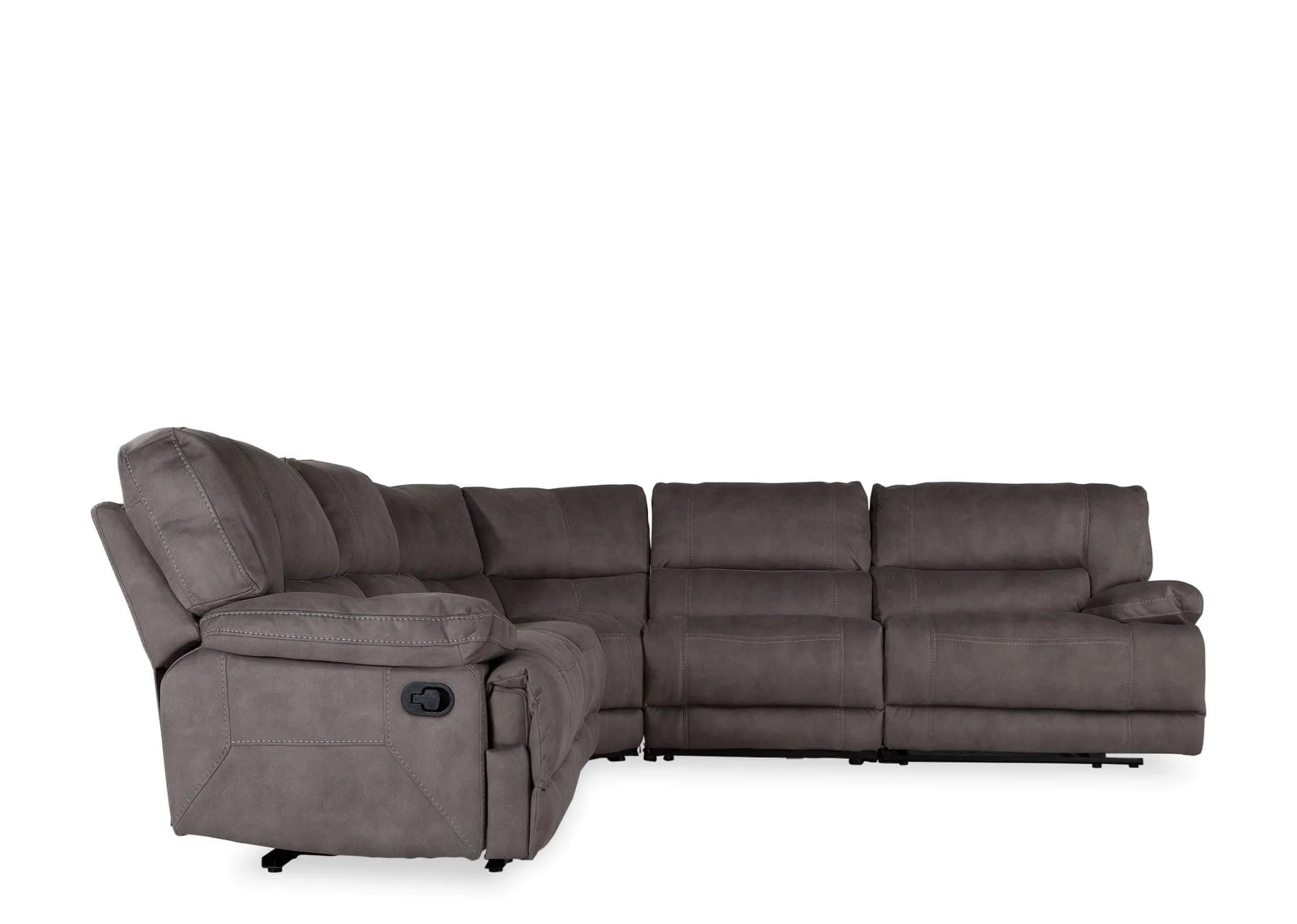 Full front view of the medium Baxter reclining corner sofa upholstered with grey fabric