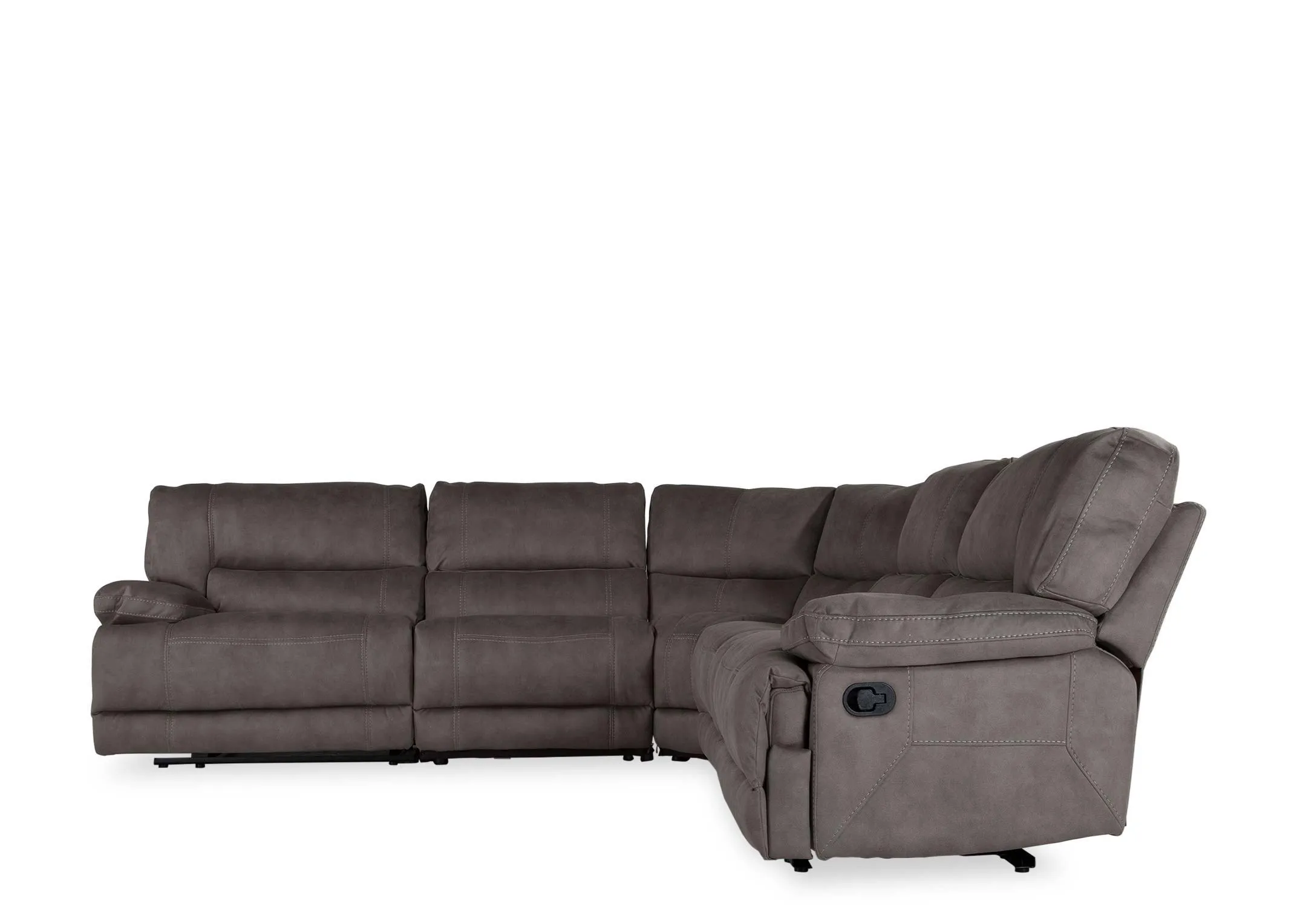 Full side view of the Baxter medium reclining corner sofa showing the grey fabric upholstery