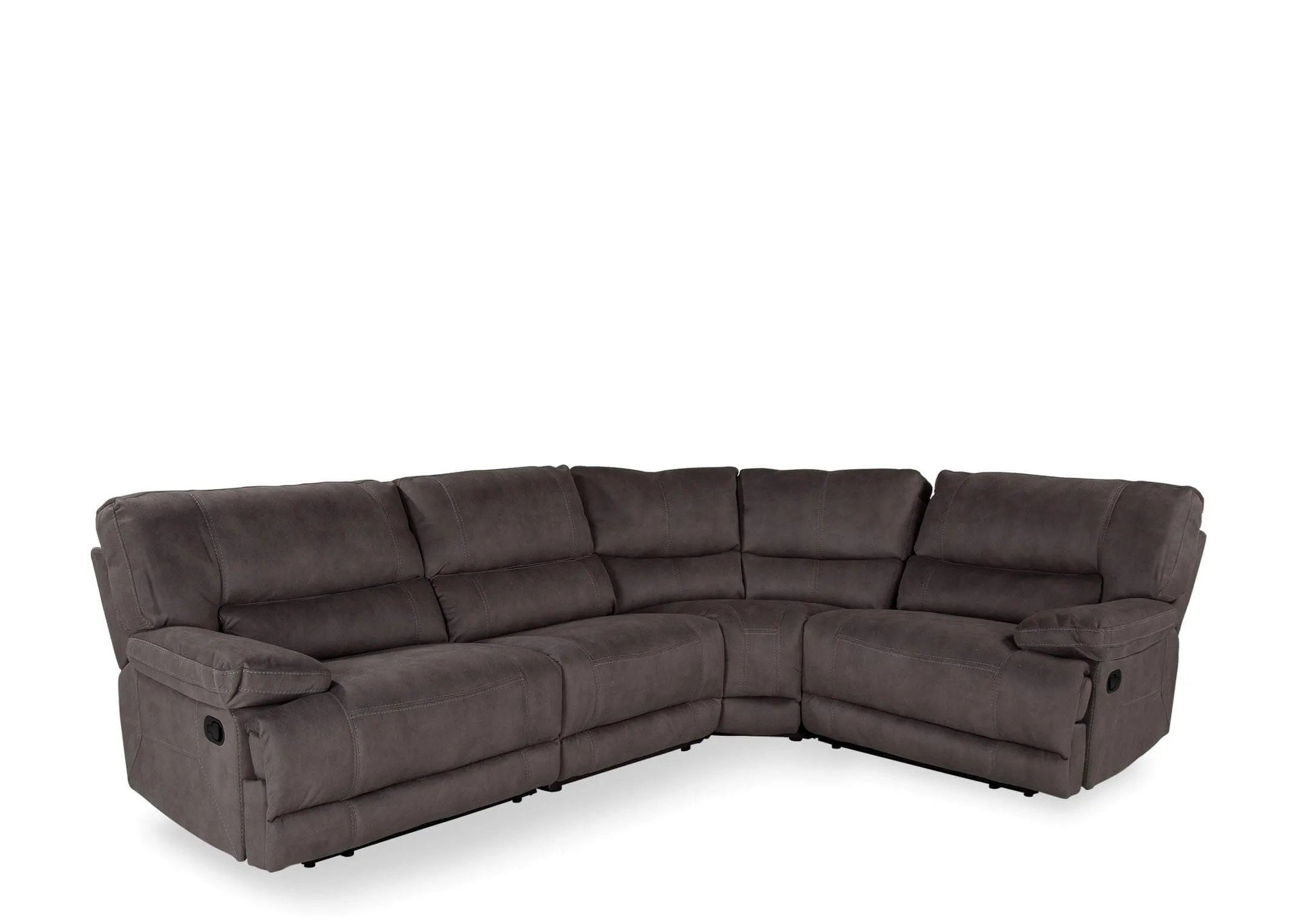 Angled shot of the Baxter small reclining corner sofa upholstered with grey fabric