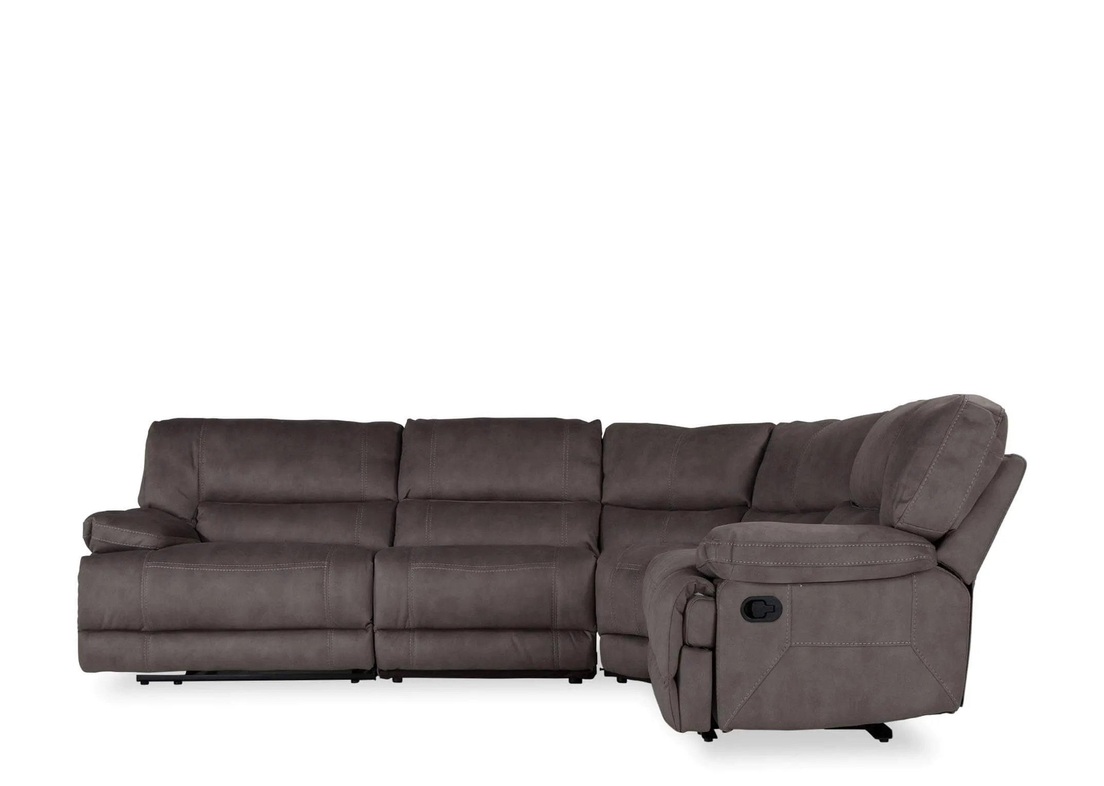 Full front view of the small Baxter reclining corner sofa upholstered with grey fabric