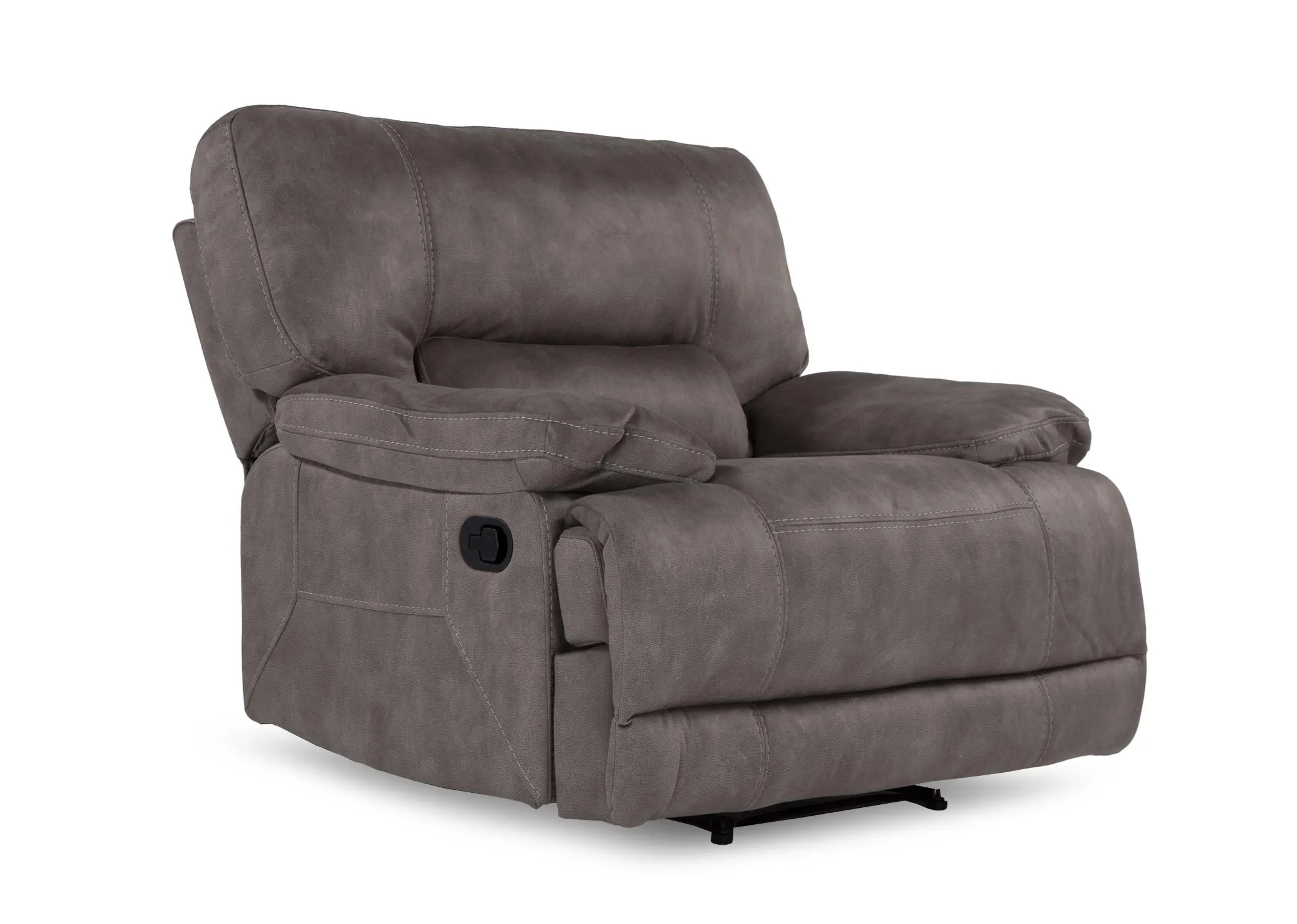 An angled shgot from left to right of the sultry grey Baxter reclining armchair.