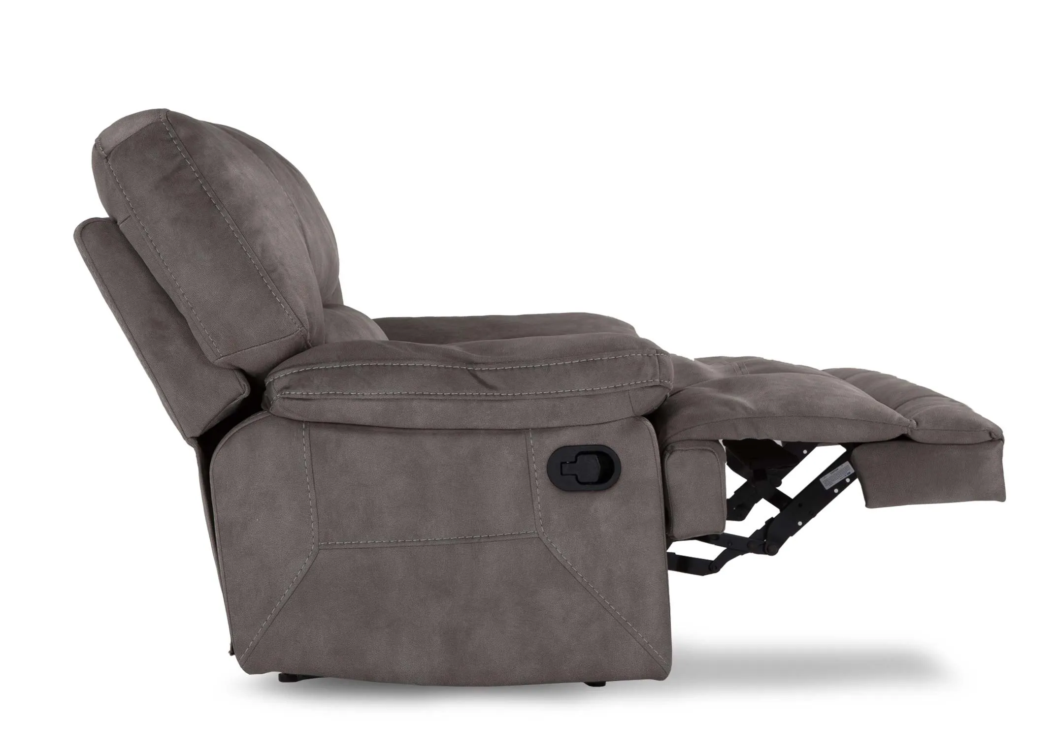 A view of the side of the sultry grey Baxter reclining armchair in a reclined position.
