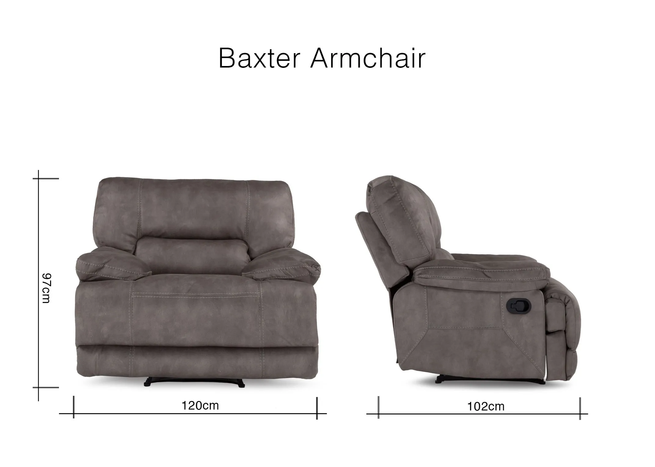 A dimension image for the sultry grey Baxter reclining armchair 97cm (Height) x 120cm (Width) x 102cm (Depth)