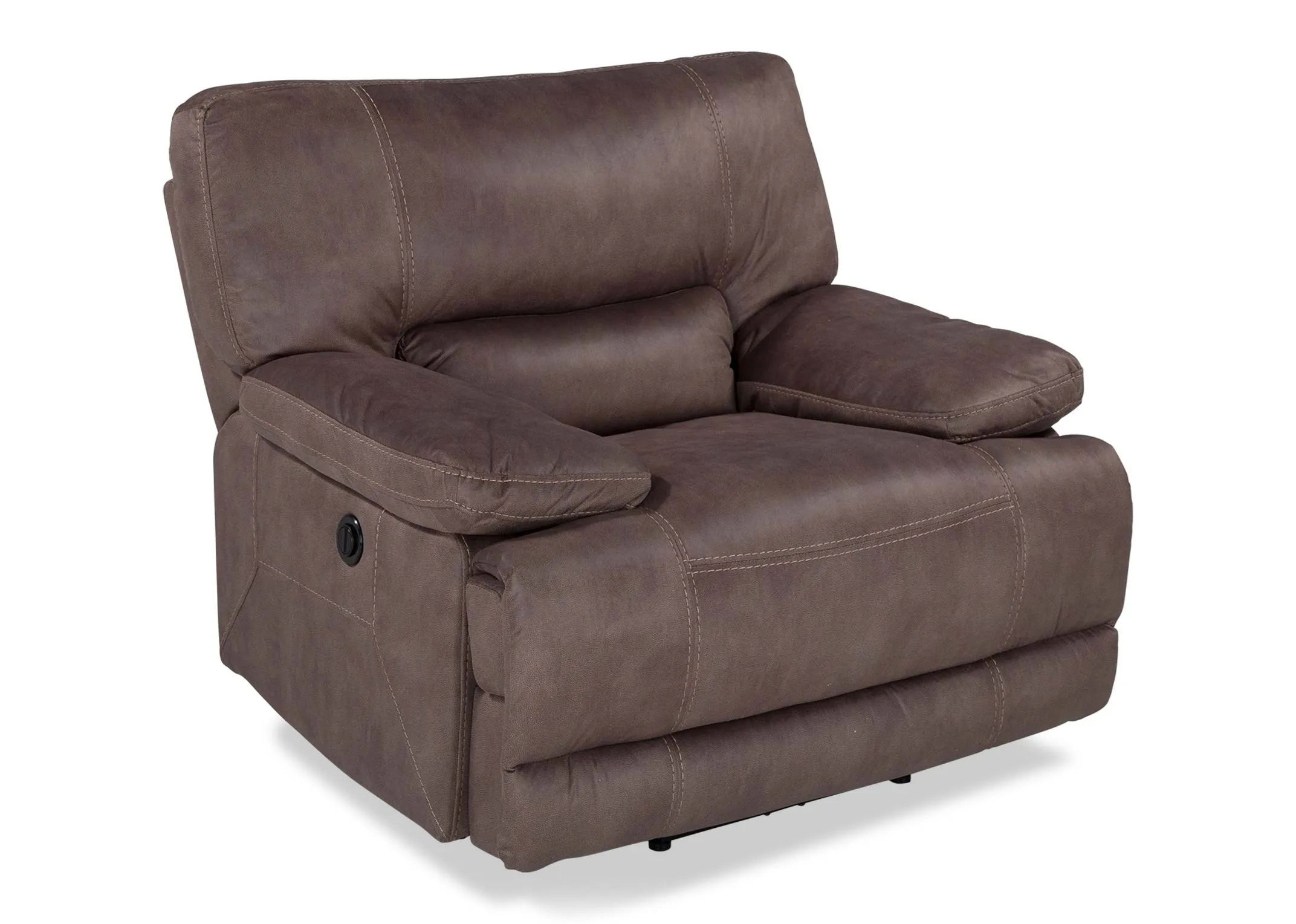 An image looking down at an angle at the Baxter faux suede power reclining armchair.