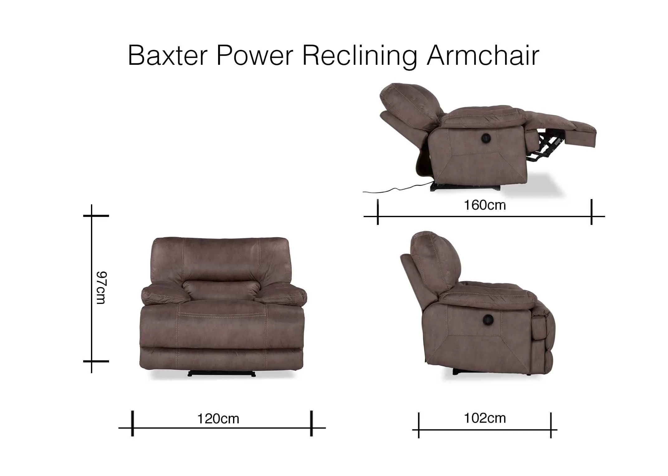 A dimension image for the Baxter Taupe power reclining armchair 97cm (Height) x 120cm (Width) x 102cm - 160cm (Depth)