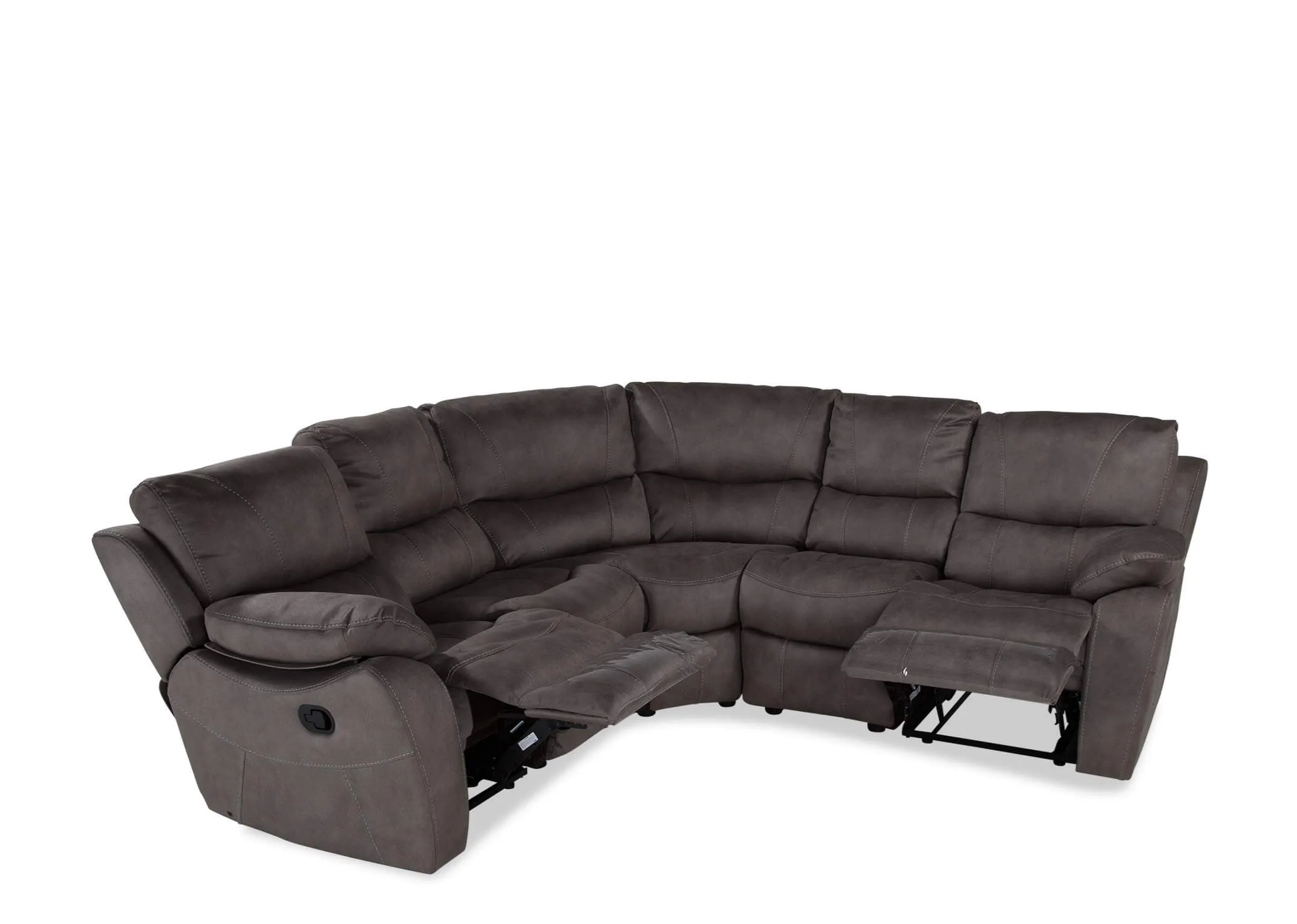 Angled shot of the Hannah large faux suede fabric reclining corner group offering seating for 5