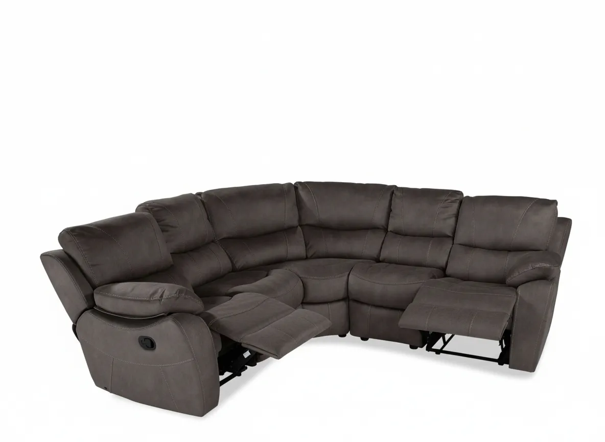 Full back view of the Hanna large grey faux suede reclining corner group showing the back of the sofa