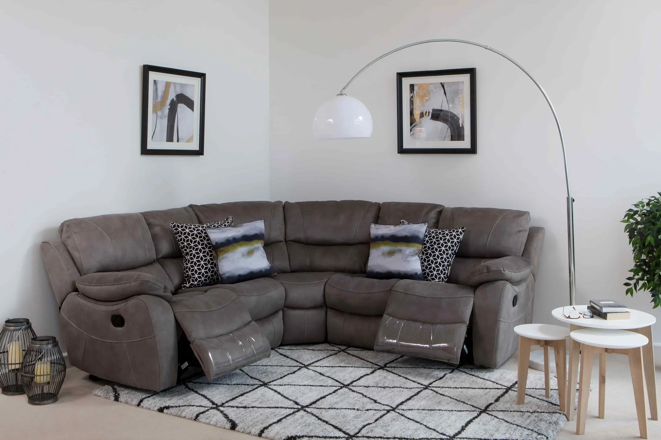 A lifestyle image of the Hannah Grey Corner Group with Abin Nest