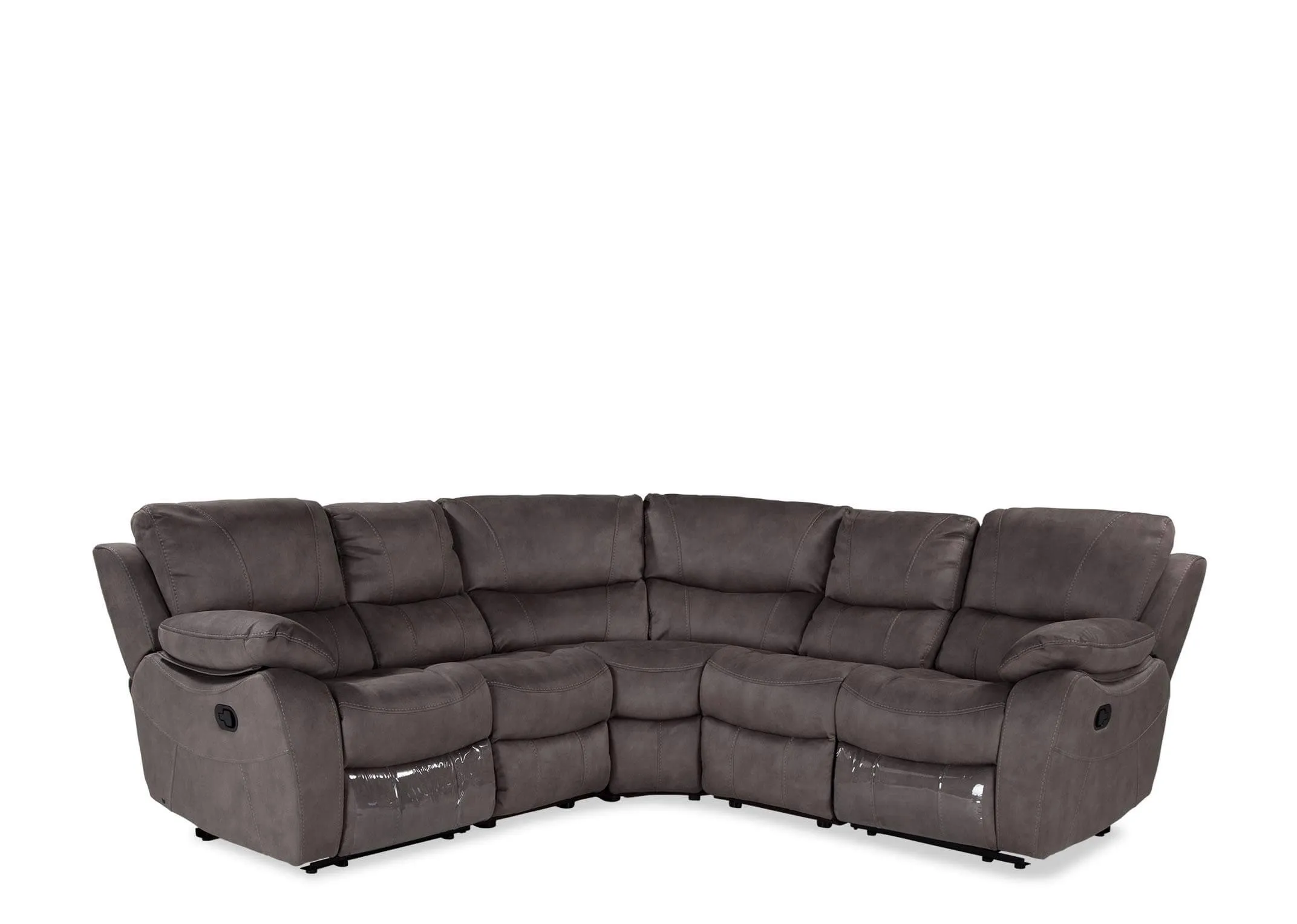 Detailed close-up view of the Hannah large grey faux suede reclining corner group showing the reclining handle