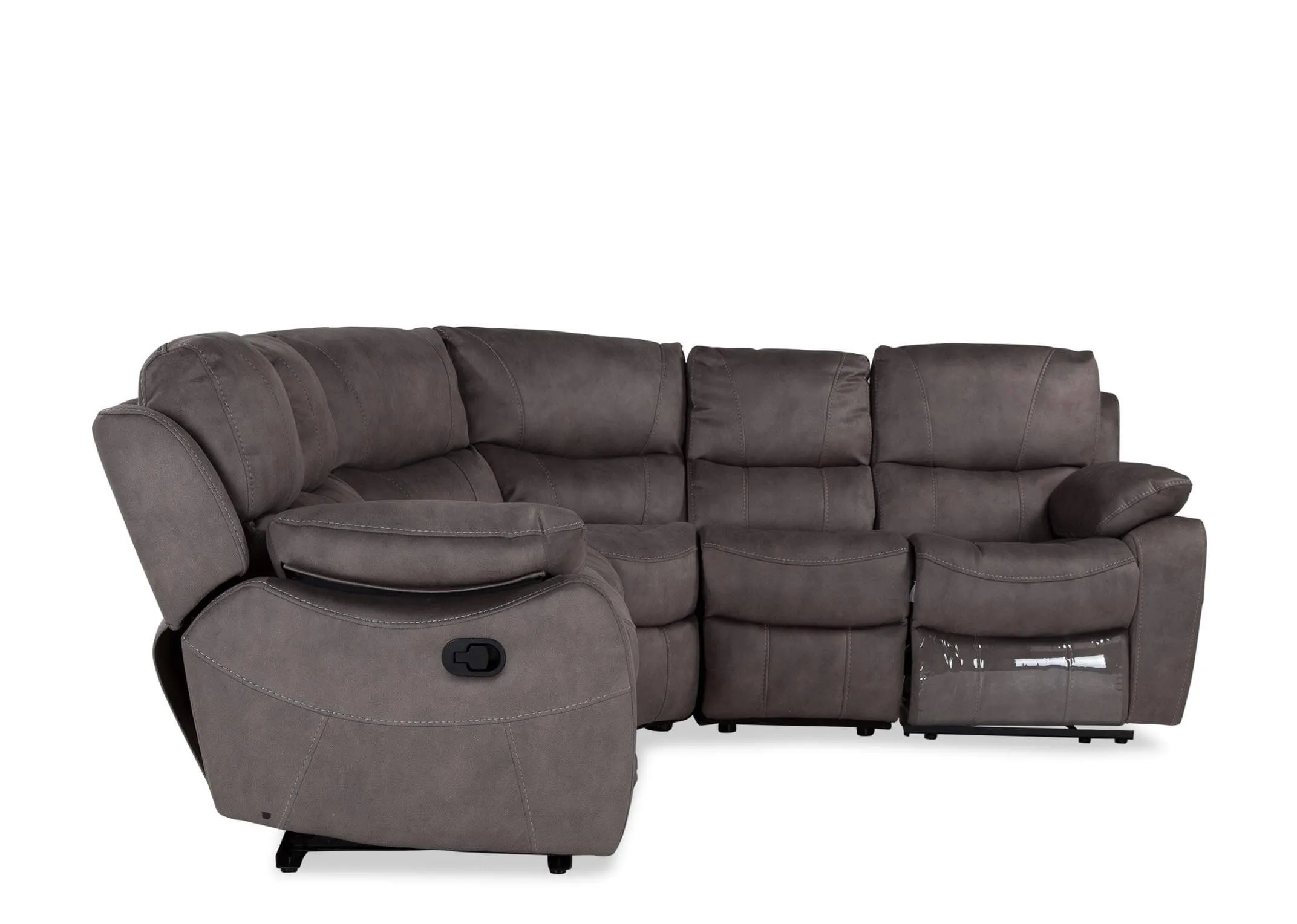 Detailed close-up view of the Hannah large grey faux suede reclining corner group showing the bottom corner