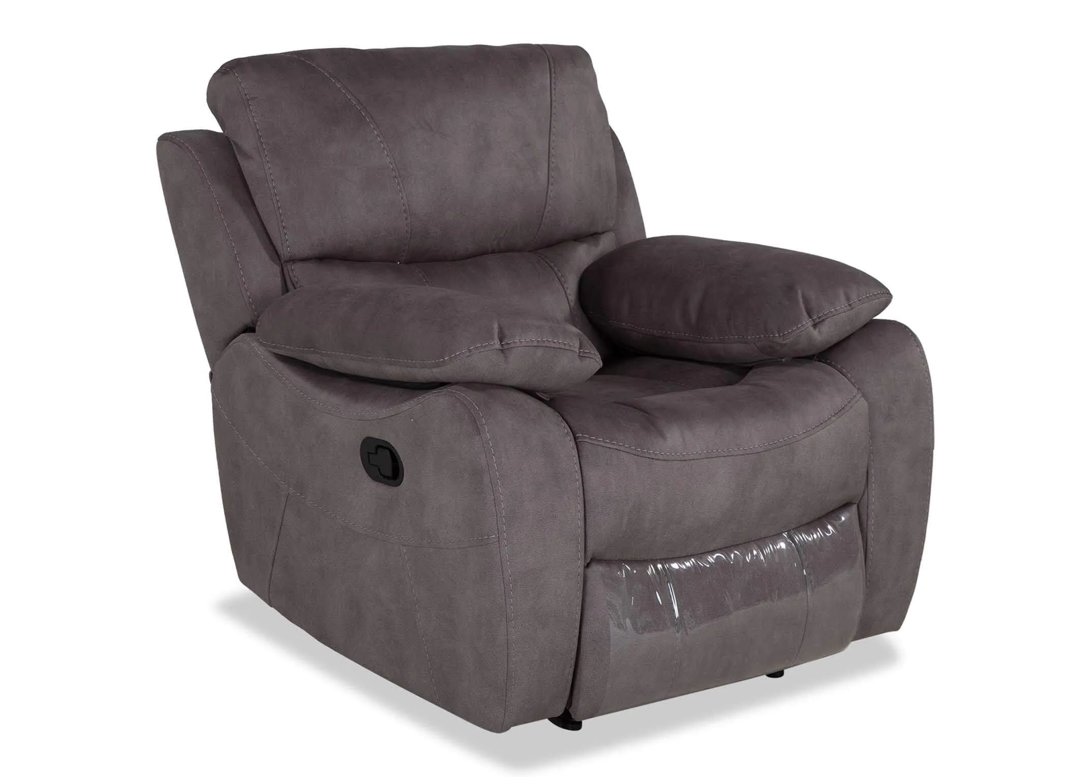 Angled shot of the Hannah grey faux suede fabric reclining armchair with a robust frame and black reclining handle
