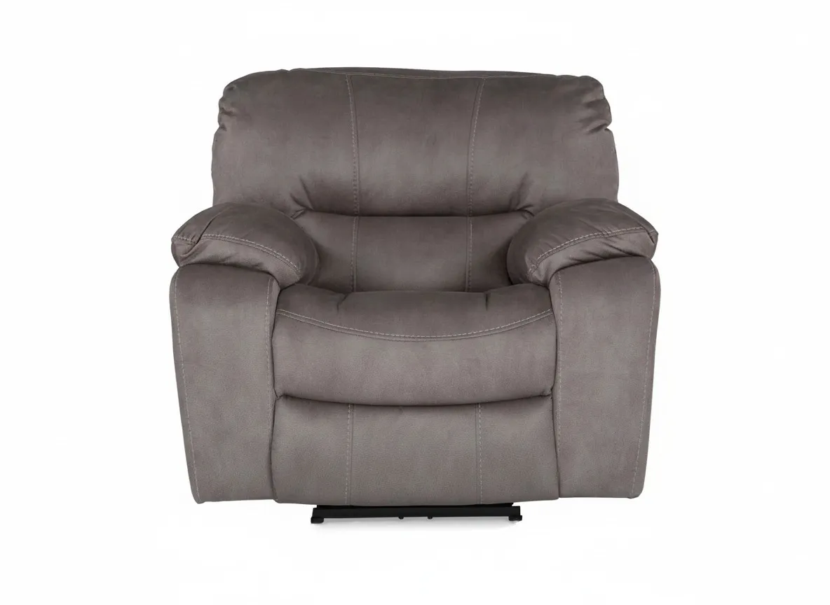 Back view of the Hannah grey faux suede fabric reclining armchair showing the back of the headrest and black feet