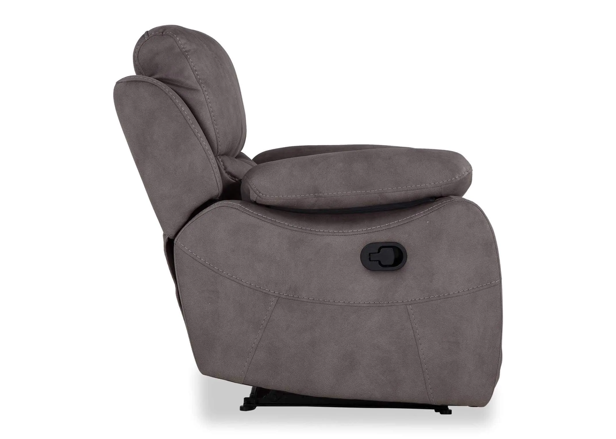 Full side view of the Hannah grey faux suede fabric reclining armchair giving view of the black reclining handle