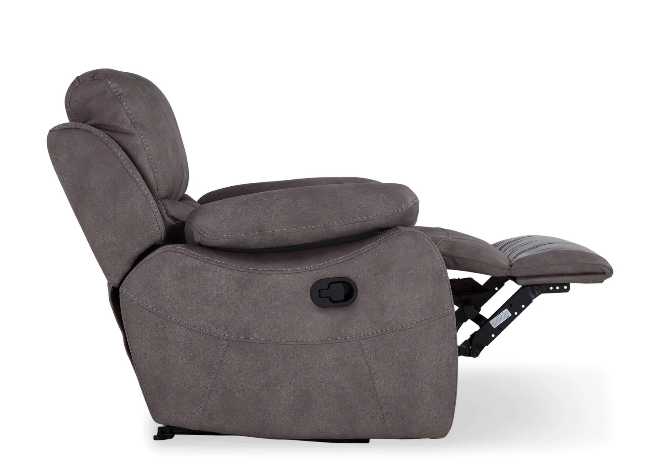 Full side view of the Hannah grey faux suede reclining armchair in a fully reclined position