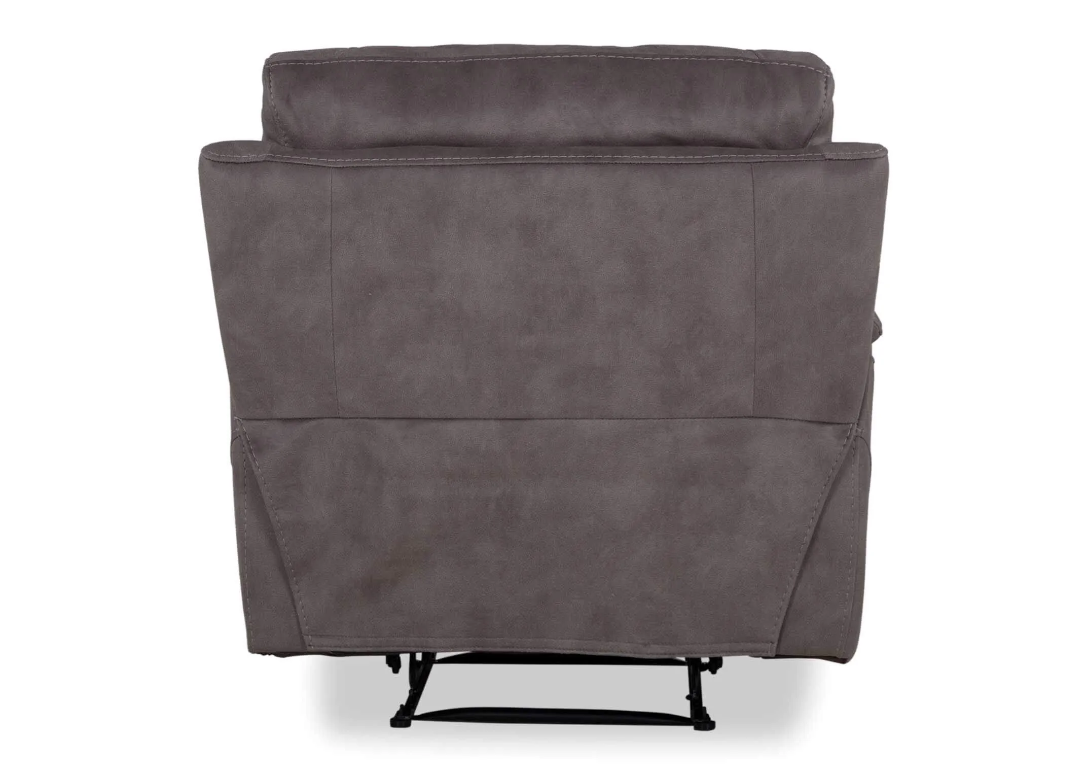Back view of the Hannah grey faux suede fabric reclining armchair showing the back of the headrest and black feet