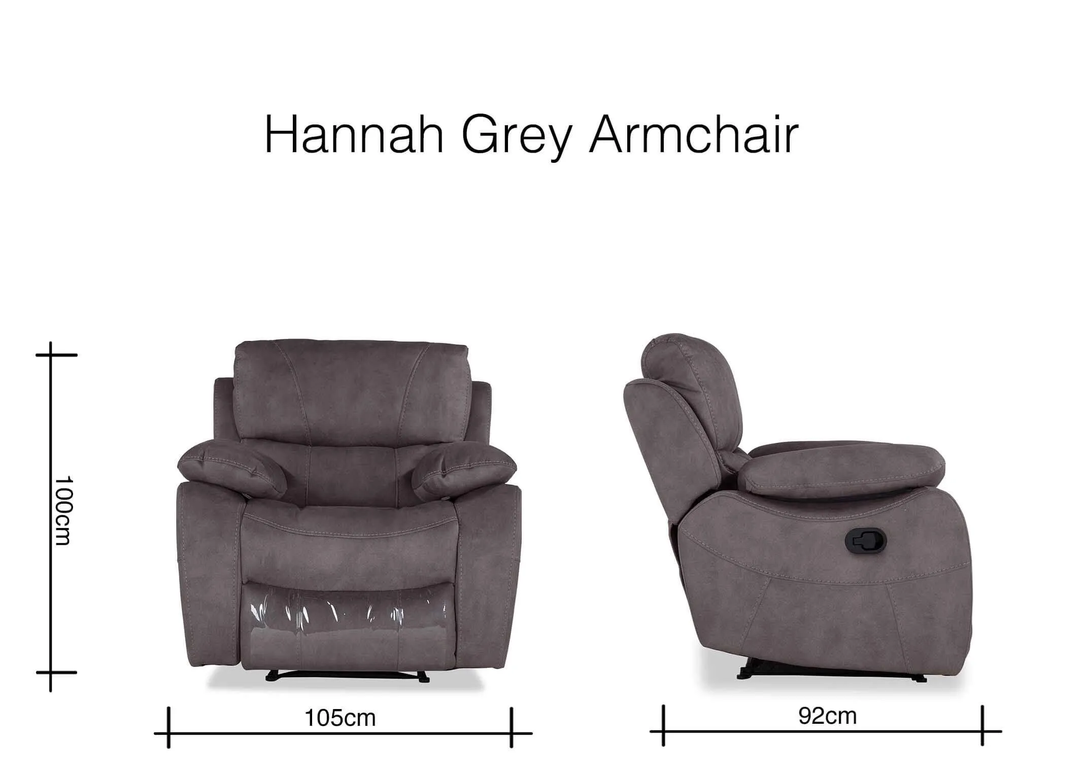 Hannah grey faux suede fabric reclining armchair 100cm (Height) x 105cm (Width) x 92cm (Depth)
