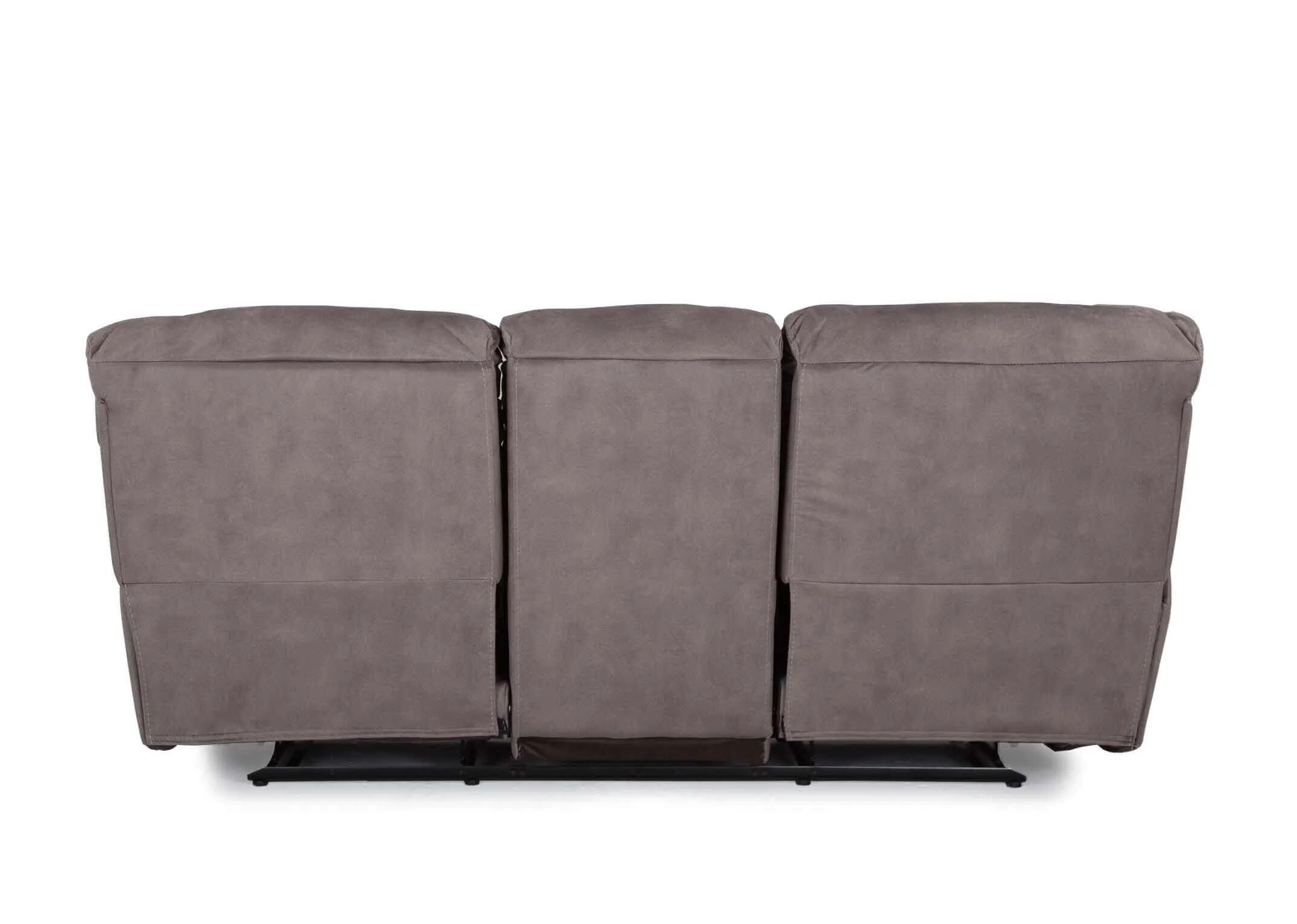 Full back view of the Bradford 3 seater grey suede power reclining sofa showing the minimal black bars underneath
