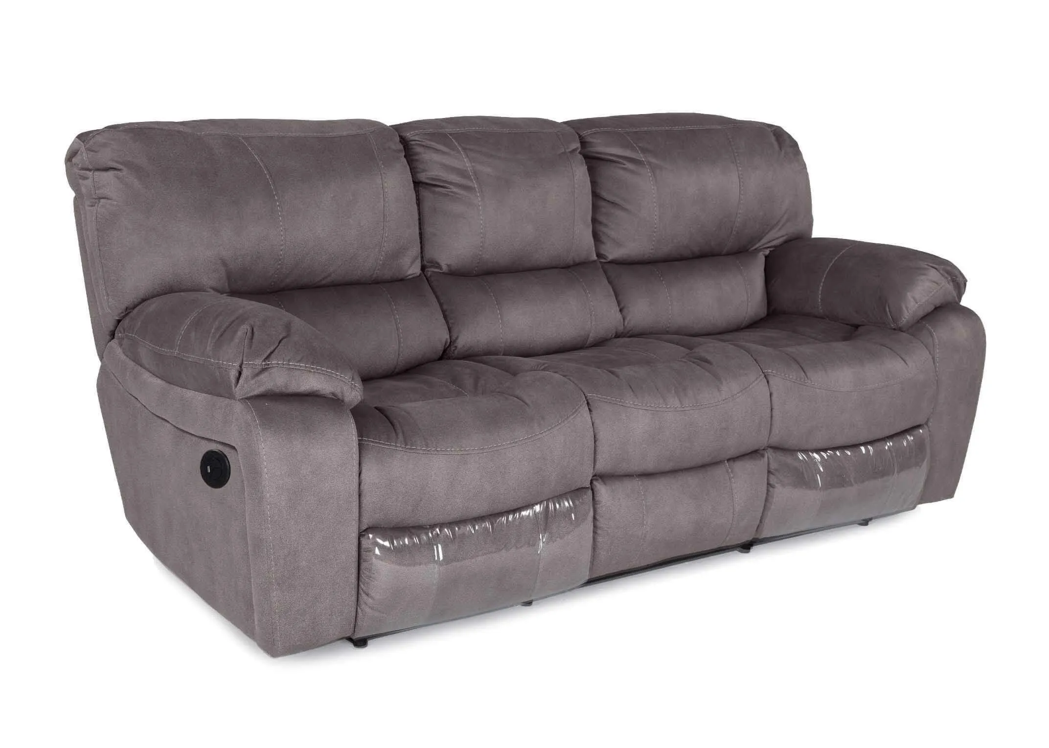 Angled shot of the Bradford 3 seater grey suede power reclining sofa with minimal black feet