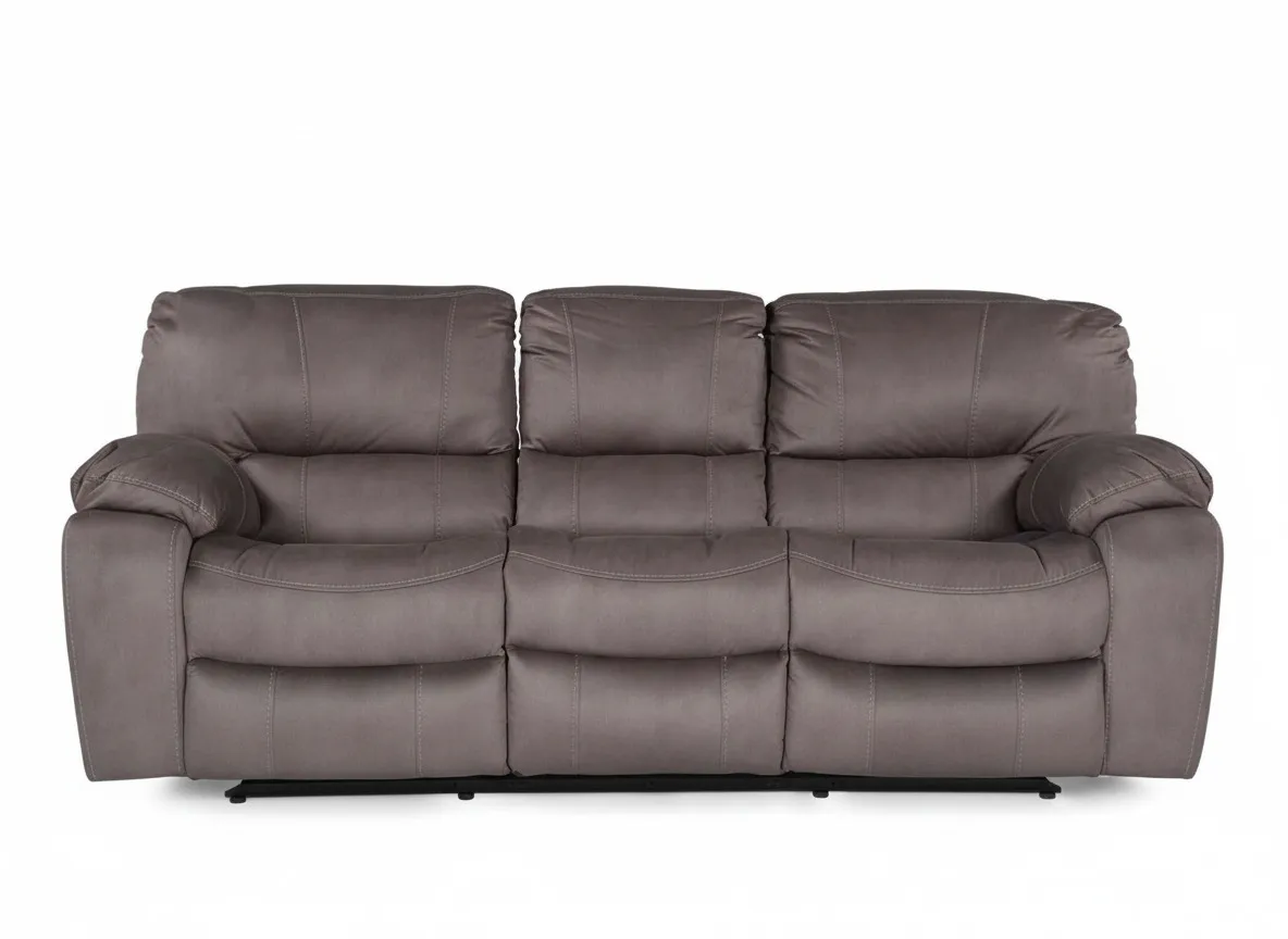 Full side view of the Bradford 3 seater grey suede power reclining sofa with minimal black feet