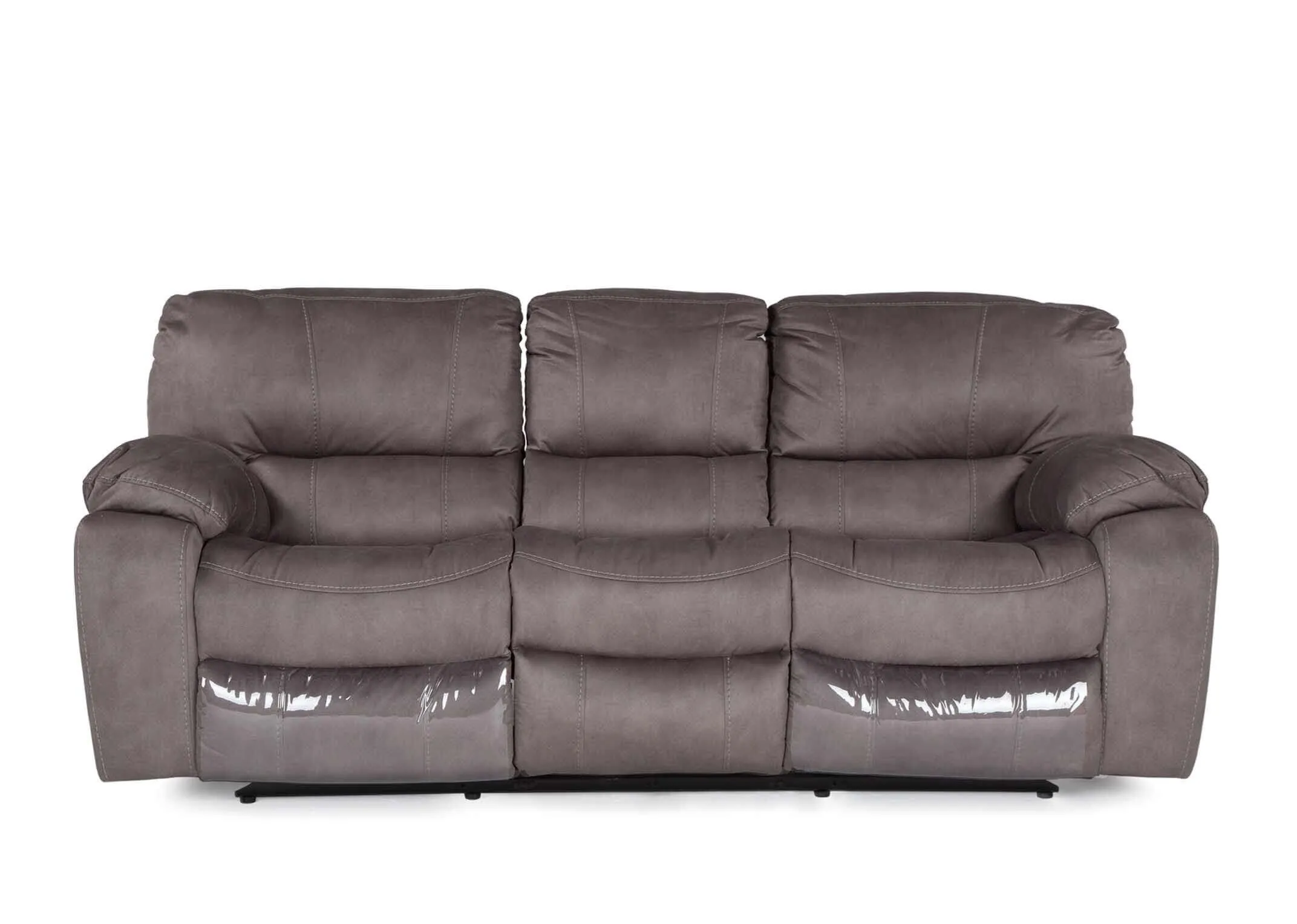Full front view of the Bradford 3 seater grey suede power reclining sofa with minimal feet