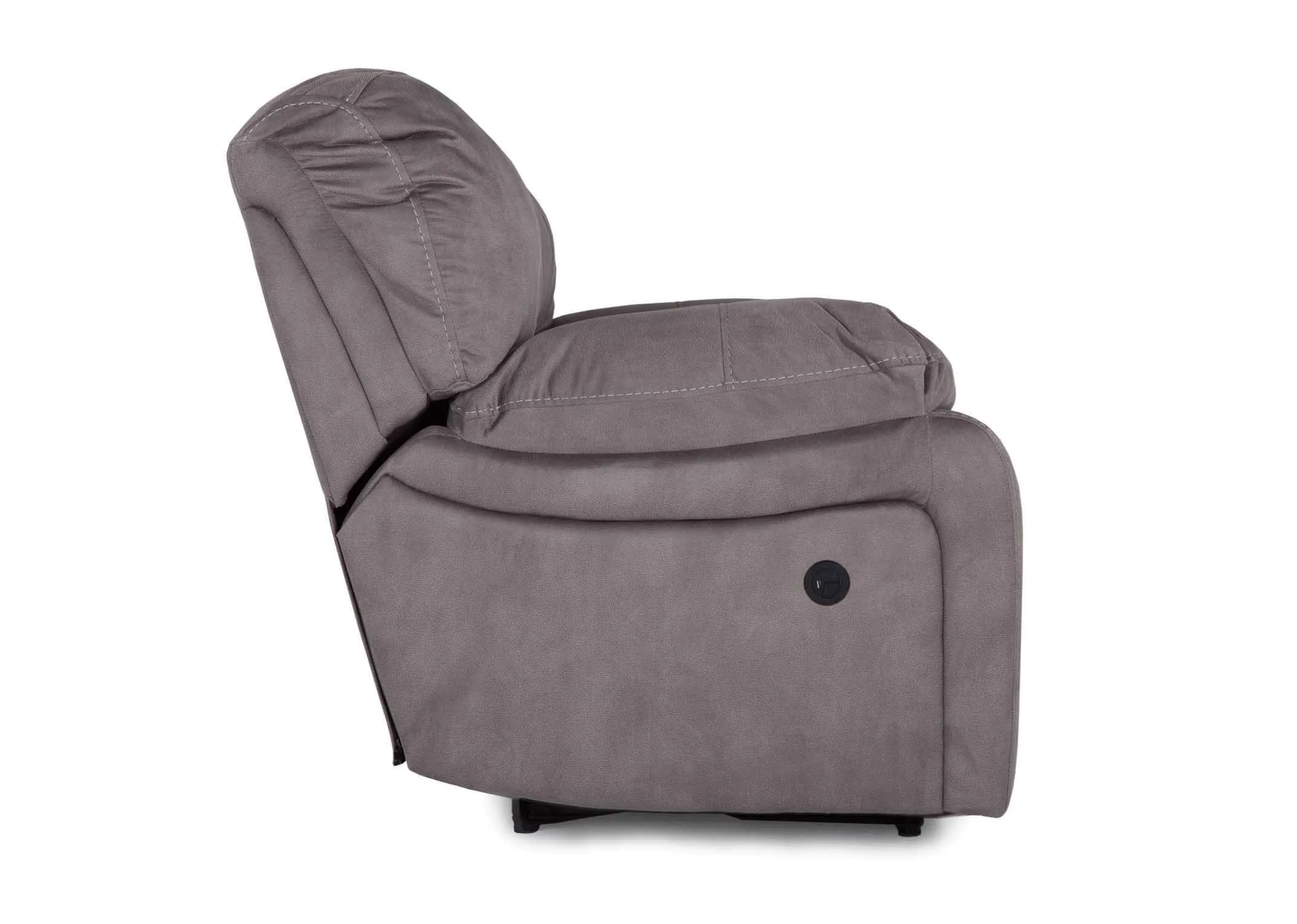 Full side view of the Bradford 3 seater grey suede power reclining sofa with minimal black feet
