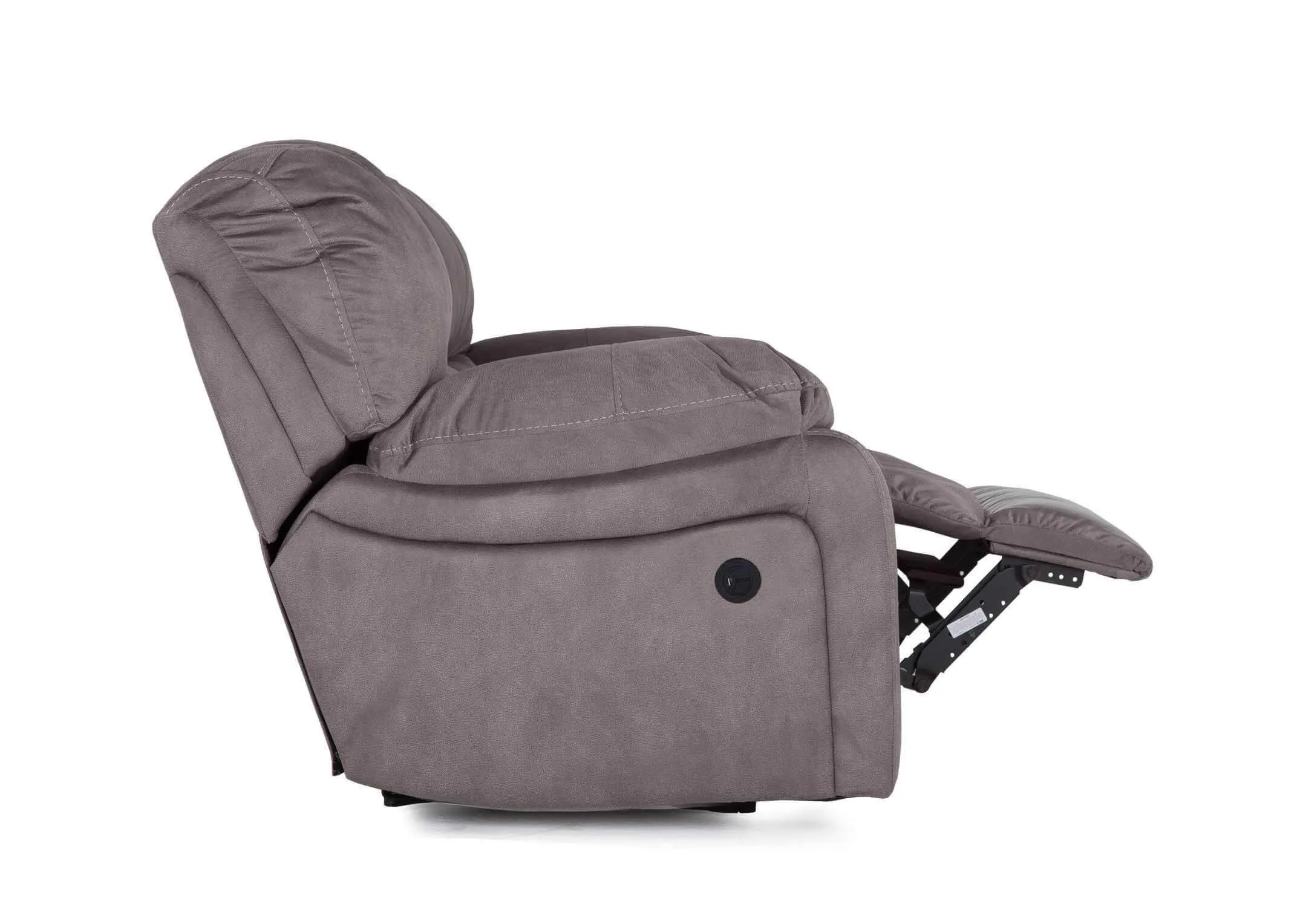 Full side view of the Bradford 3 seater grey suede power reclining sofa in a half-reclined position