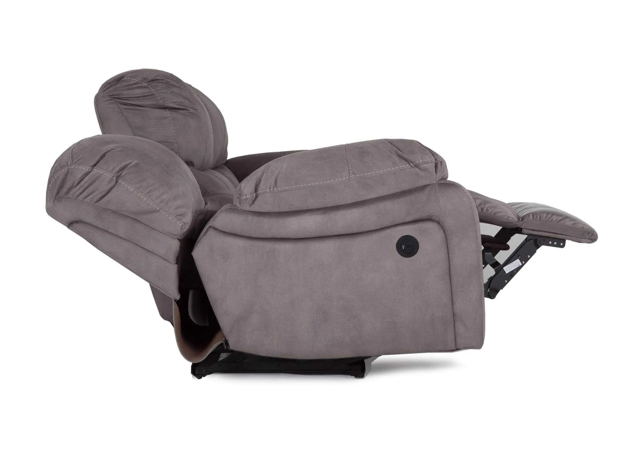 Detailed close-up view of the Bradford 3 seater grey suede power reclining sofa in a fully reclined position