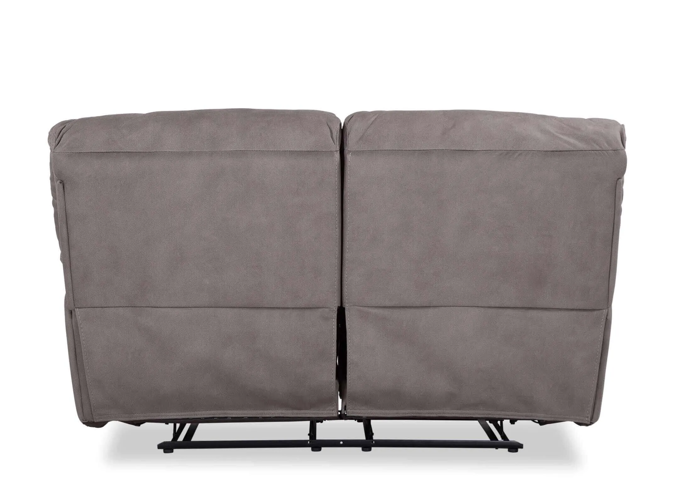 Full back view of the Bradford 2 seater grey suede power reclining sofa showing the minimal black bars underneath