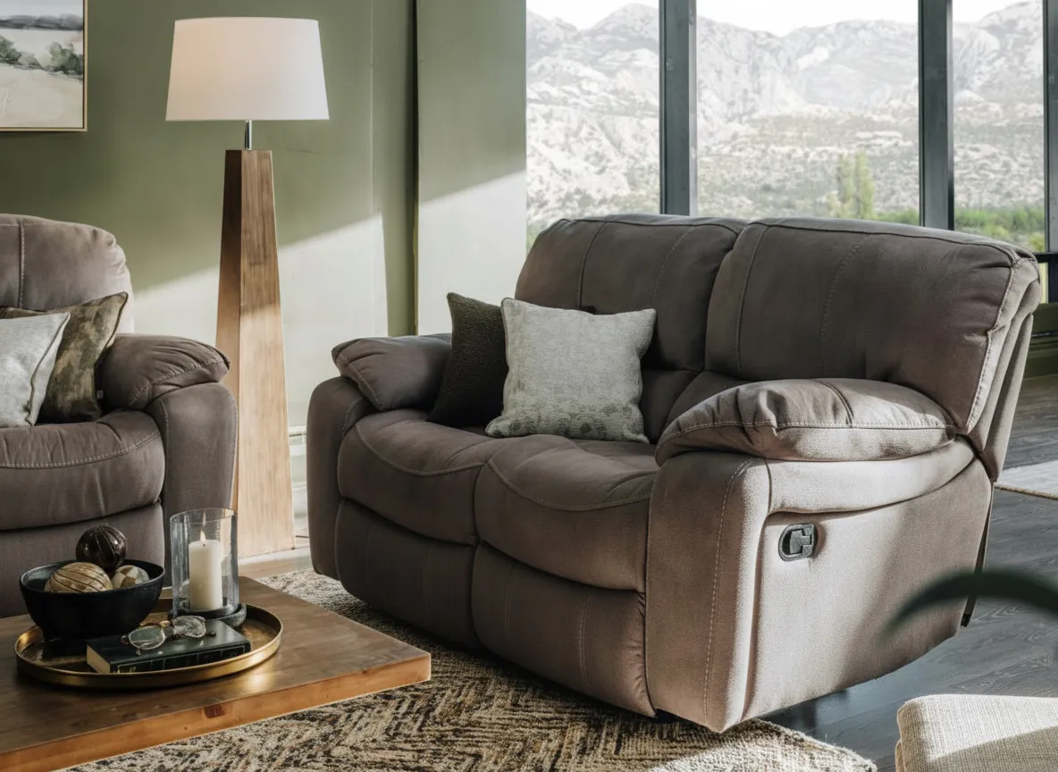 Detailed close-up view of the armrest of the Bradford 2 seater grey suede power reclining sofa 