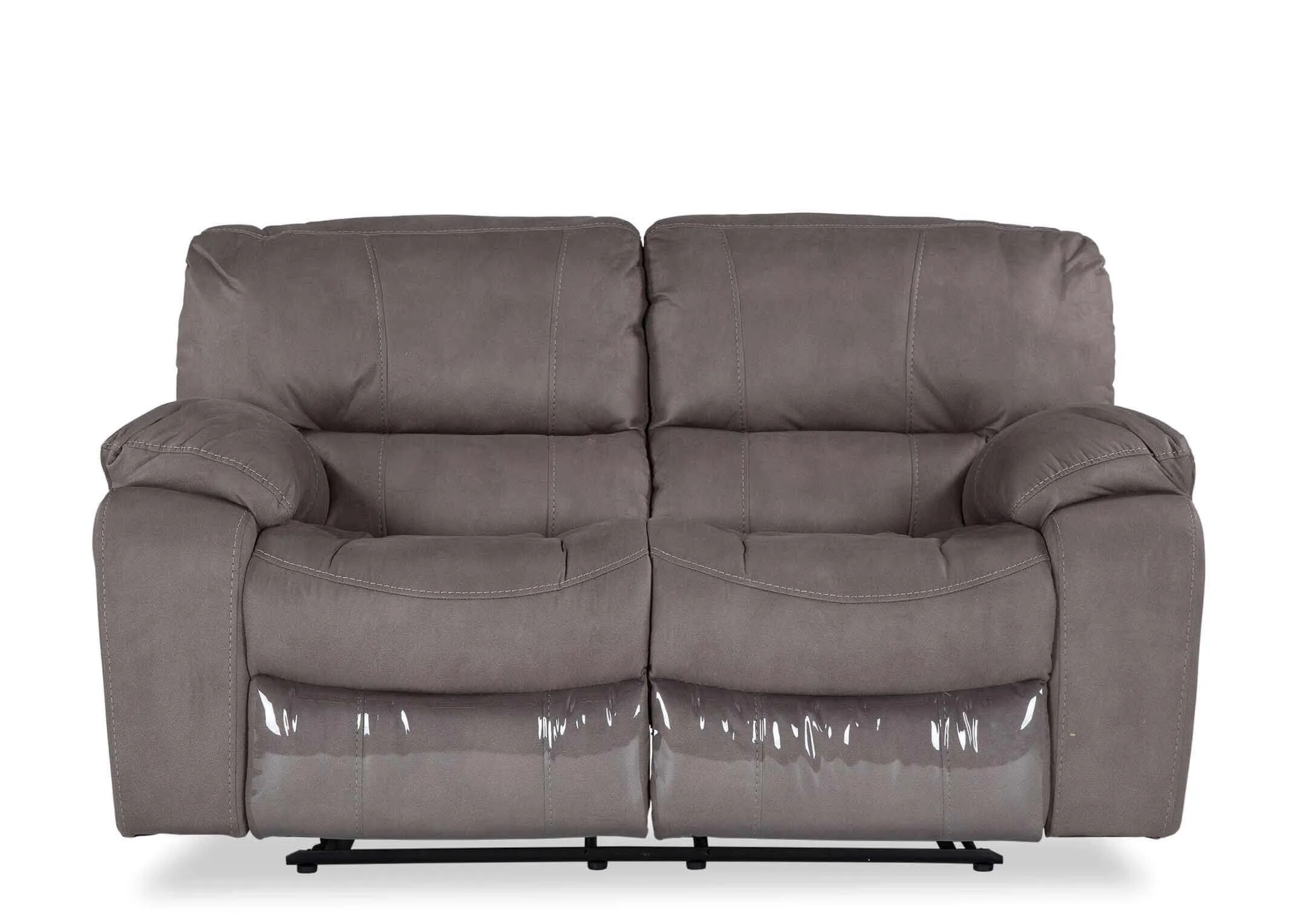 Full front view of the Bradford 2 seater grey suede power reclining sofa with minimal feet