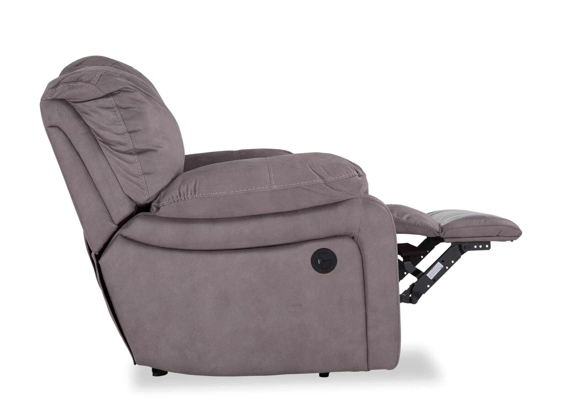 Full side view of the Bradford 2 seater grey suede power reclining sofa with minimal black feet