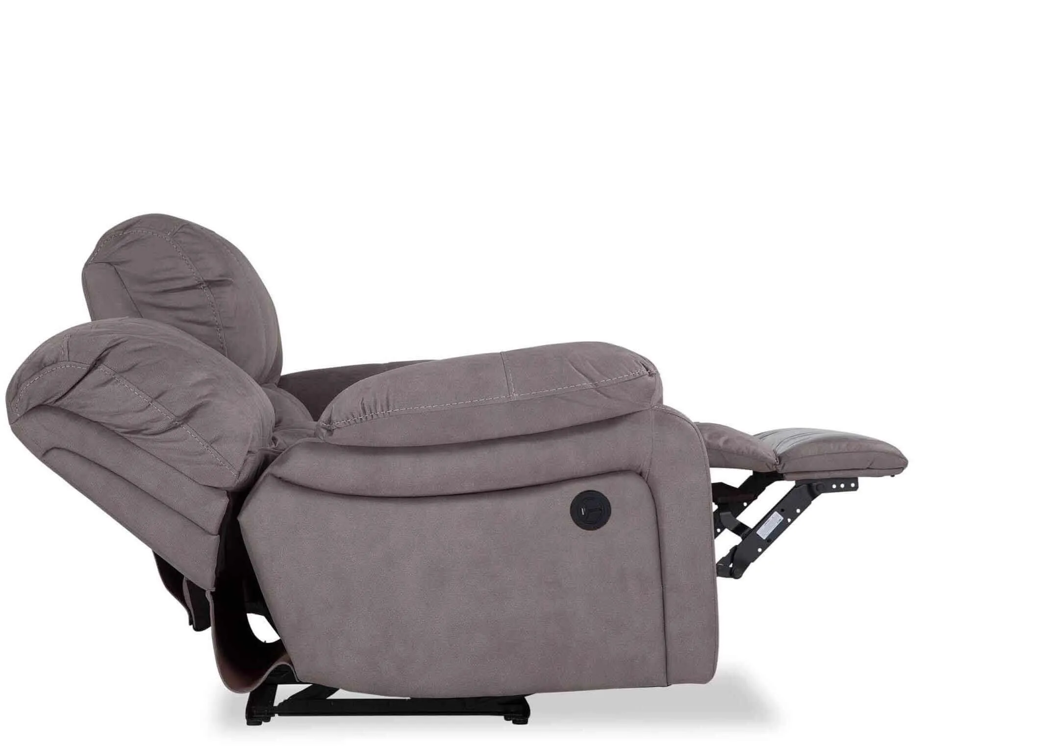 Detailed close-up view of the Bradford 2 seater grey suede power reclining sofa in a fully reclined position