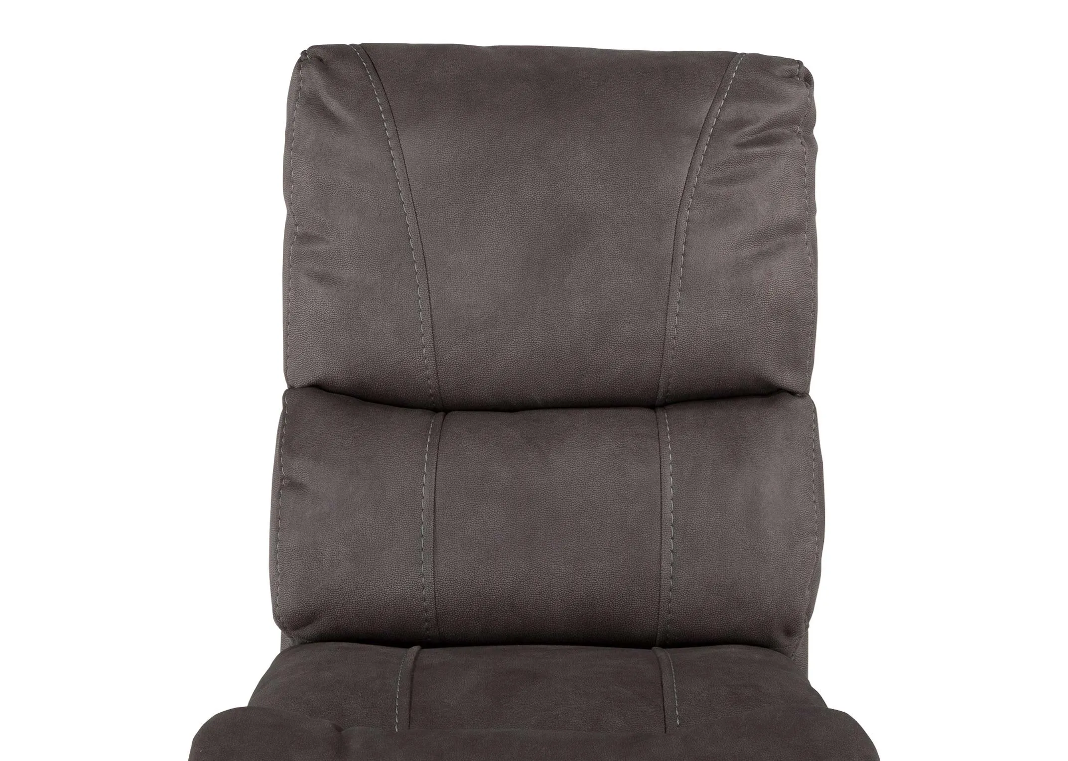 A close up of the grey fabric and trim on the back rest part of the Hannah armless unit.