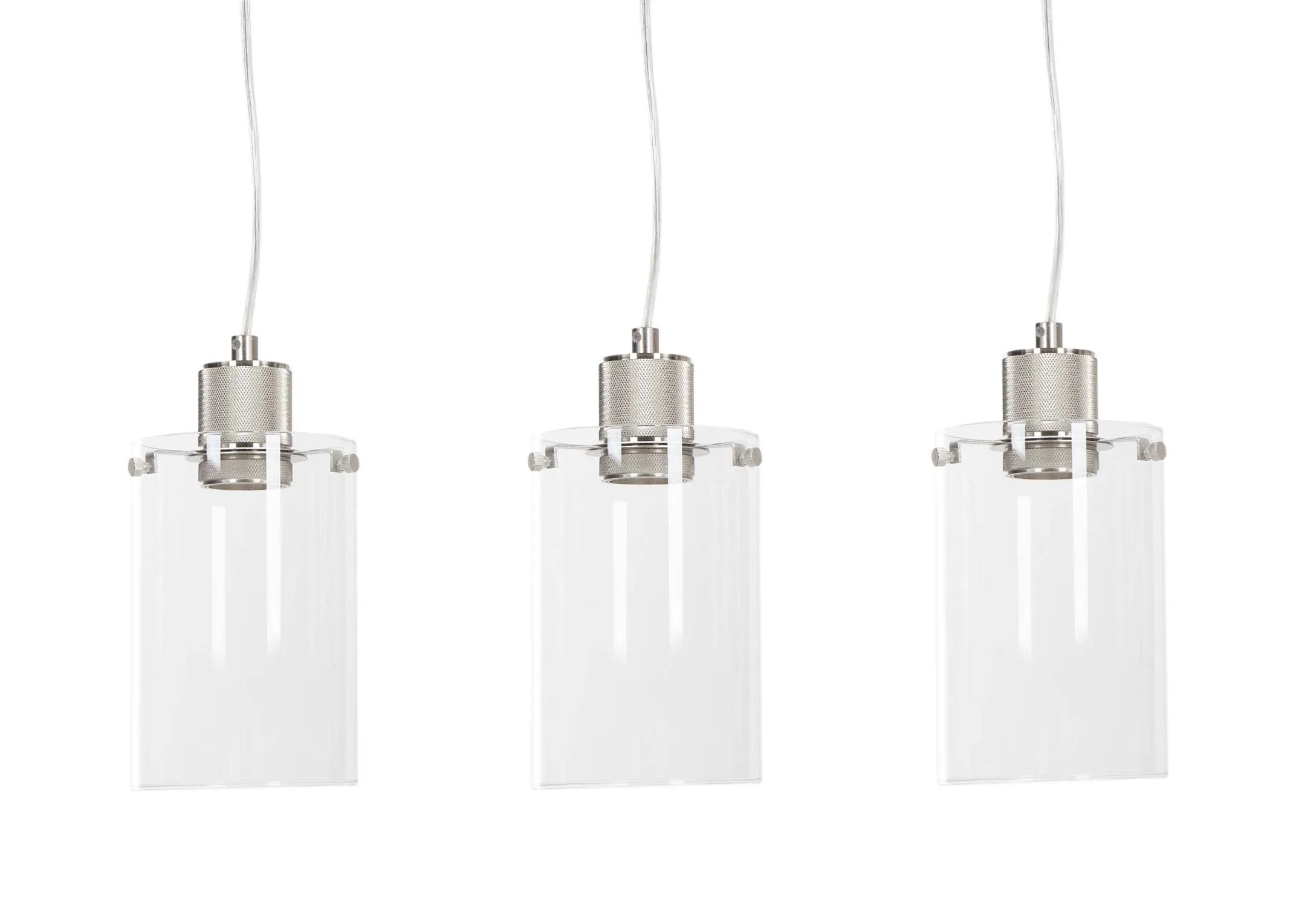 Norton Ceiling Light in a closeup image of the three drop pendants showing silver and clear glass finish