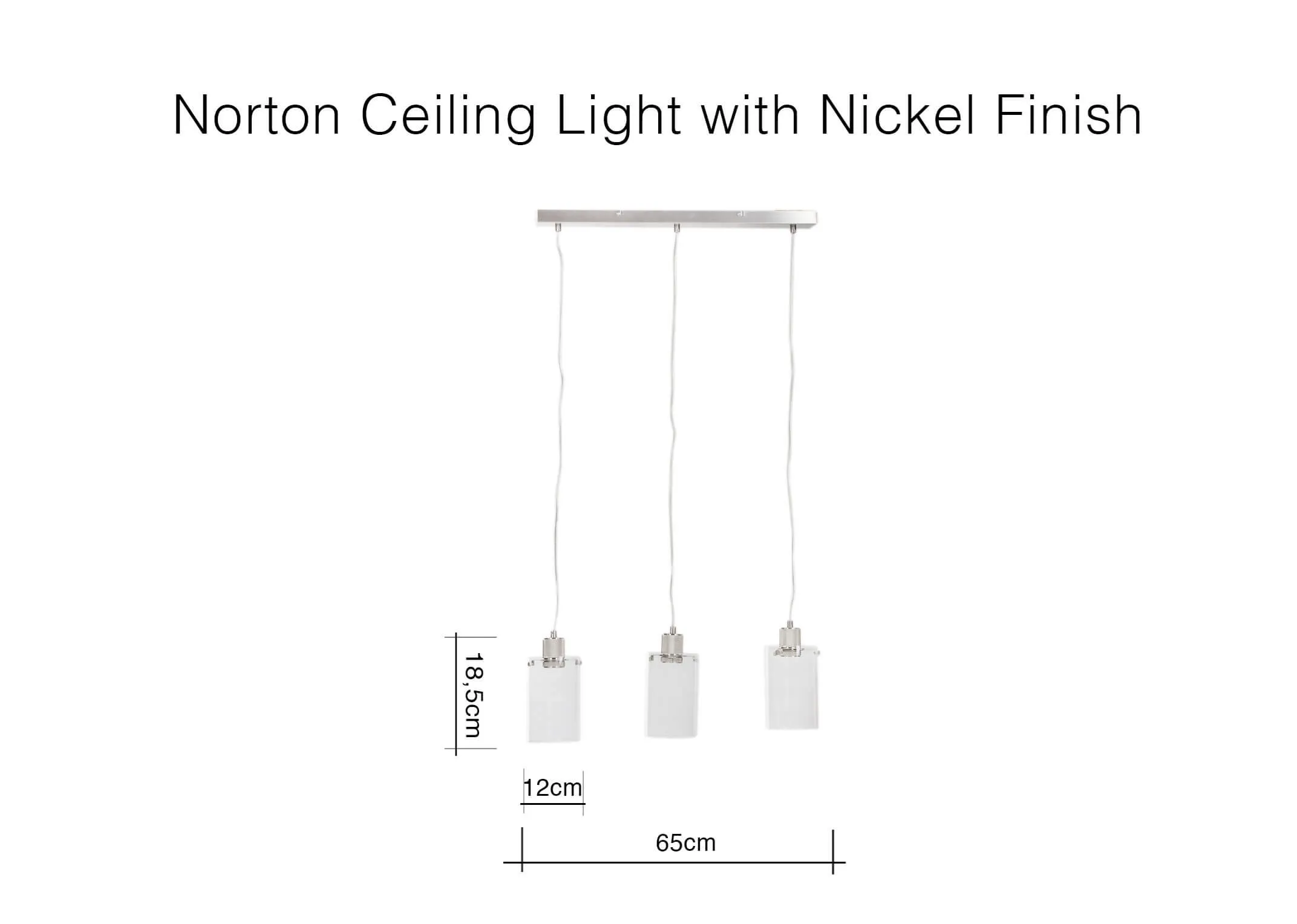 A dimension image of the Norton Ceiling Light with overall 65cm (Width) individual lights at 12cm (Width) x 18.5cm (Height)
