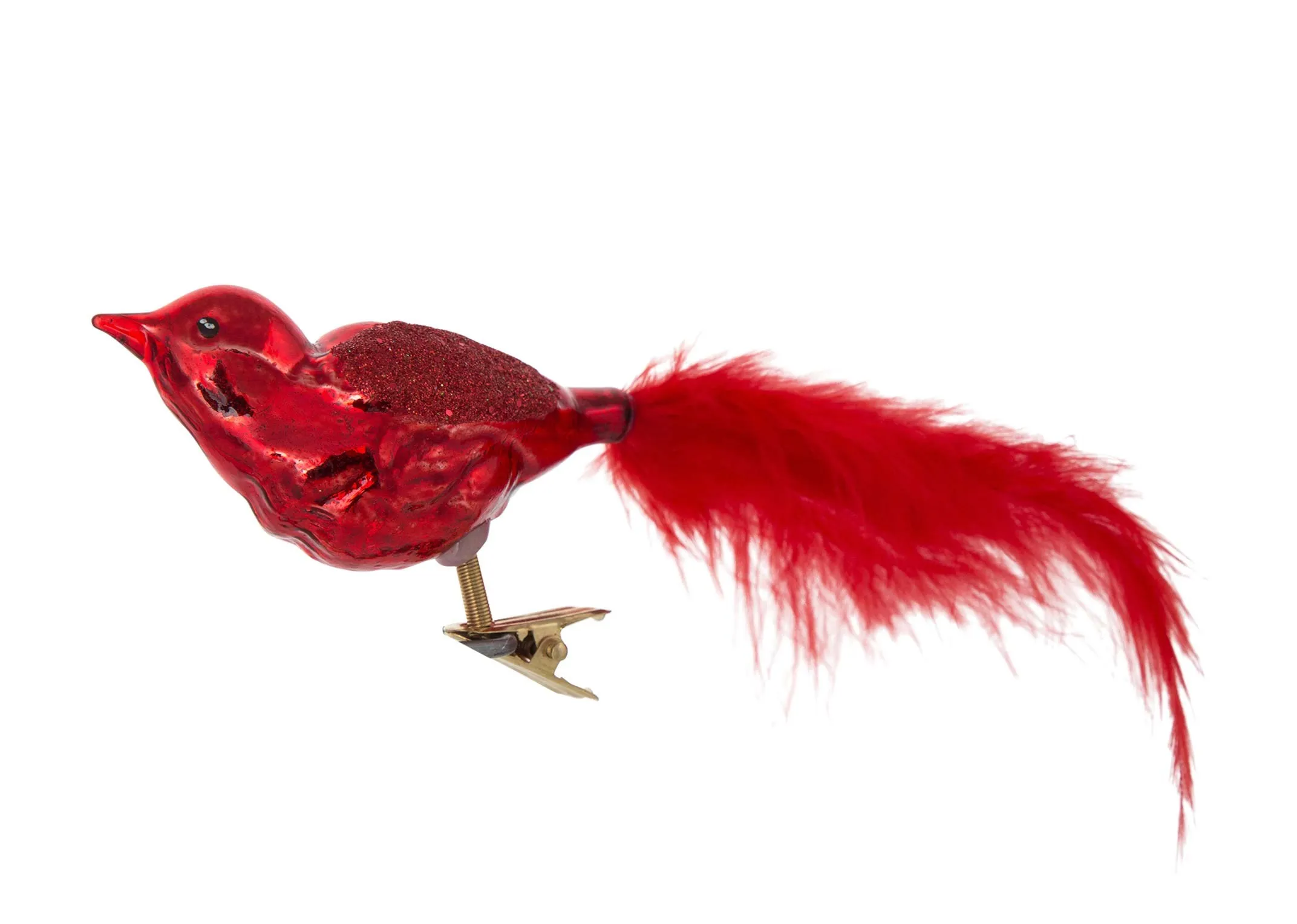 A view in full from the front of the red bird on clip Christmas decoration.