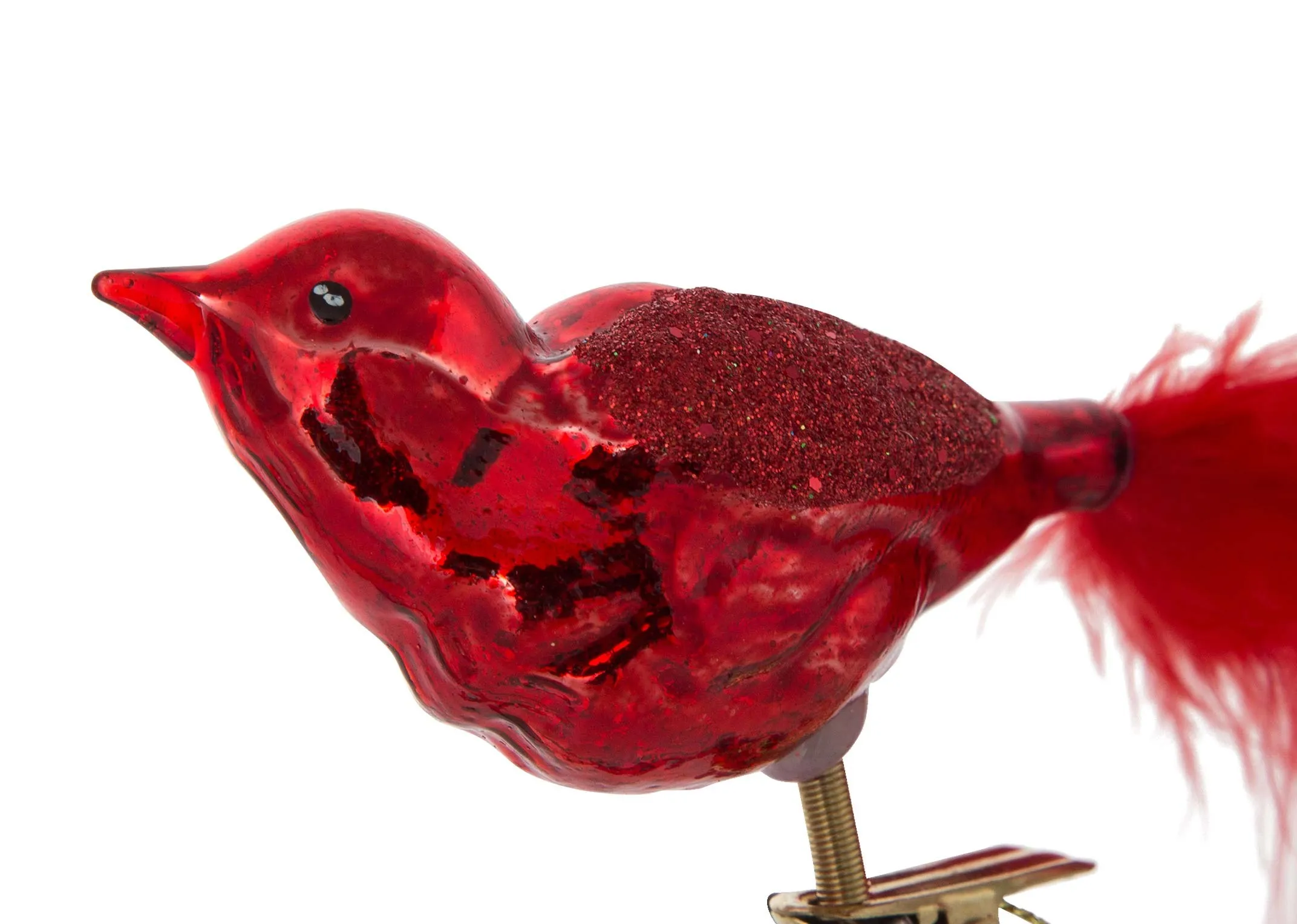 A close up of the head on the red bird on clip Christmas decoration.