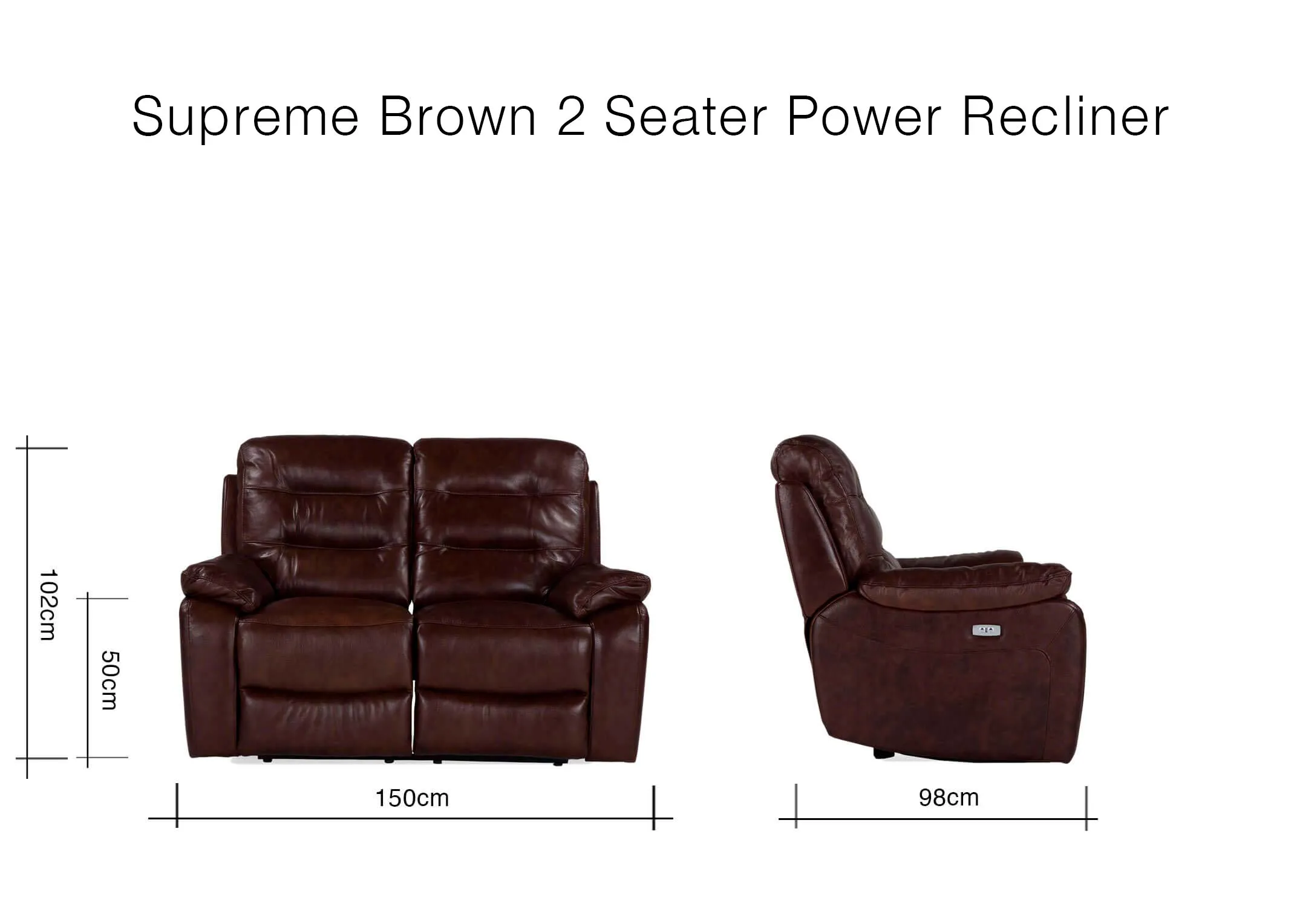 A dimension image for the Supreme brown leather 2 seater sofa 102cm (Height) x 150cm (Width) x 98cm (Depth)